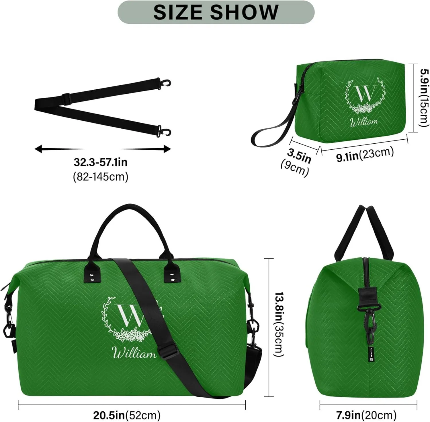 Green Custom Travel Duffel Bag with Toiletry Bag Personalized Weekender Bag for Trips Sports Business Large Gym Carry On Bag for Women & Men