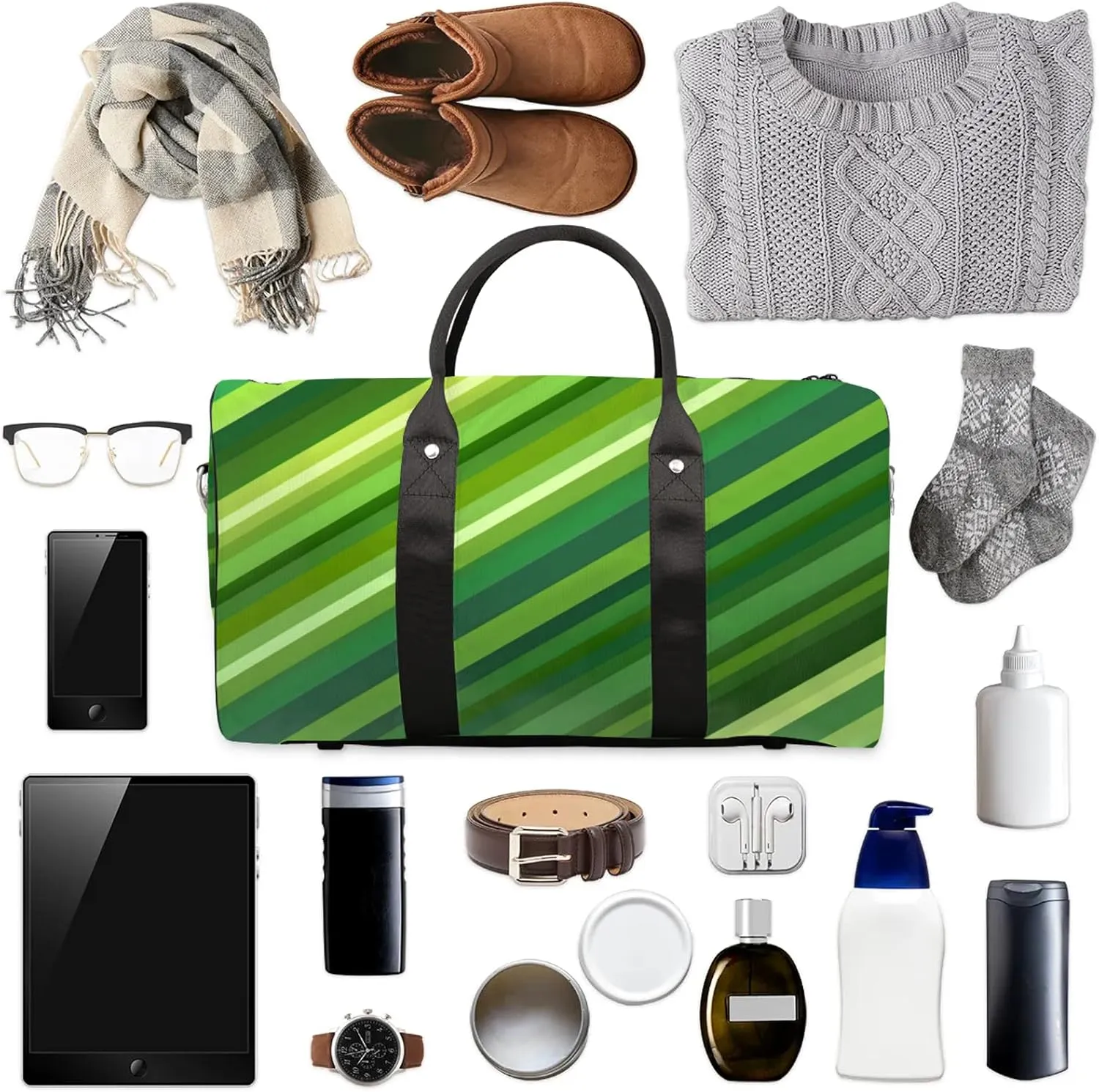 Green Duffle Bag for Travel, Overnight Weekend Gym Carry On Luggage Bag, Stripes Travel Duffel Bag for Men Women