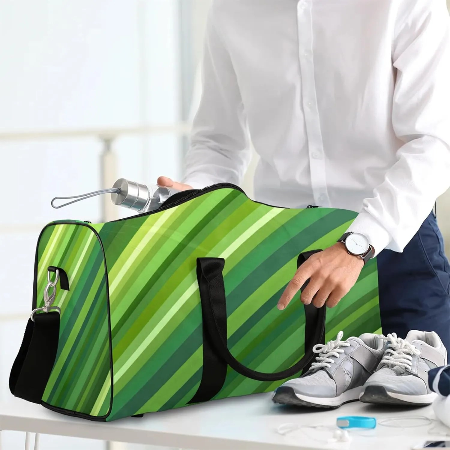 Green Duffle Bag for Travel, Overnight Weekend Gym Carry On Luggage Bag, Stripes Travel Duffel Bag for Men Women