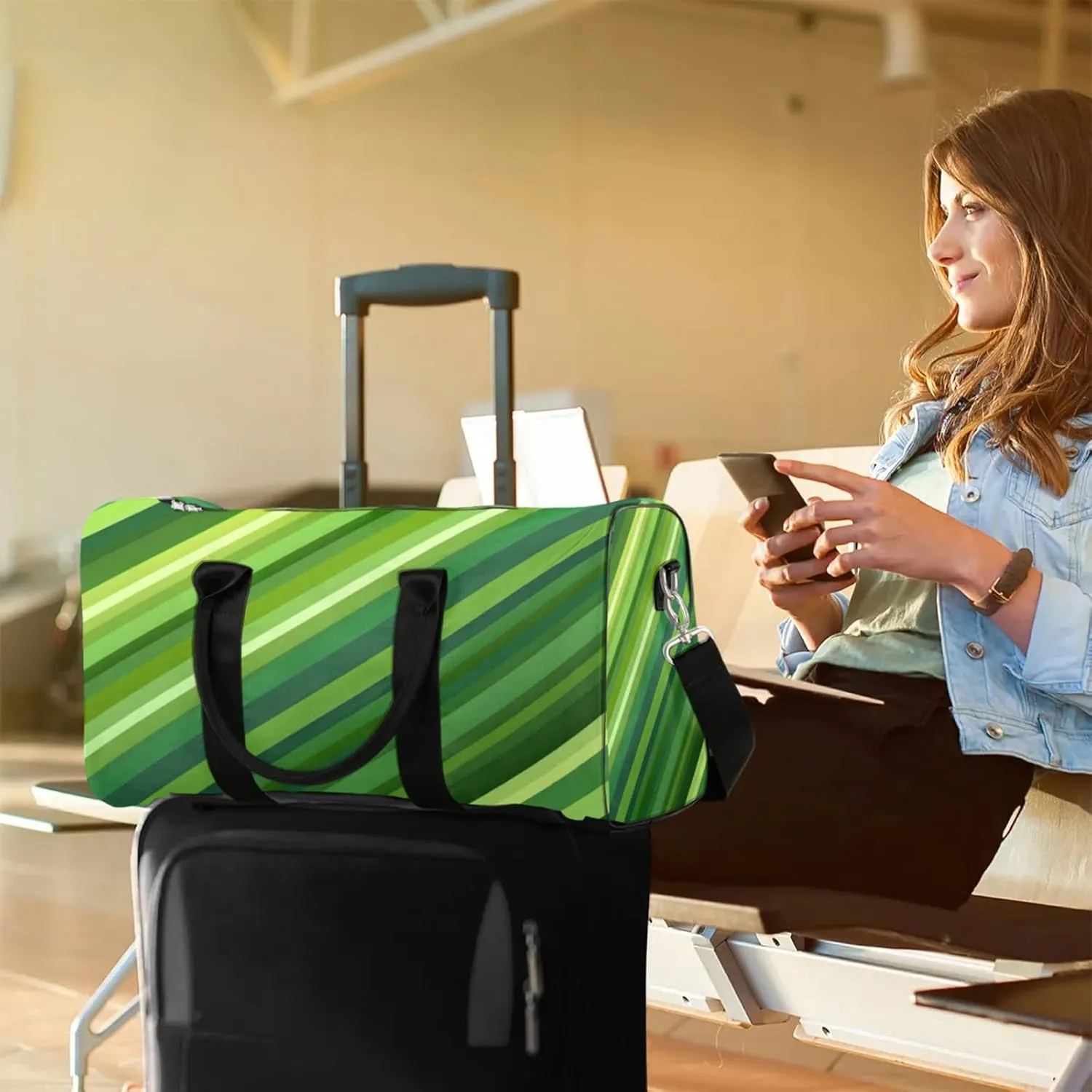Green Duffle Bag for Travel, Overnight Weekend Gym Carry On Luggage Bag, Stripes Travel Duffel Bag for Men Women