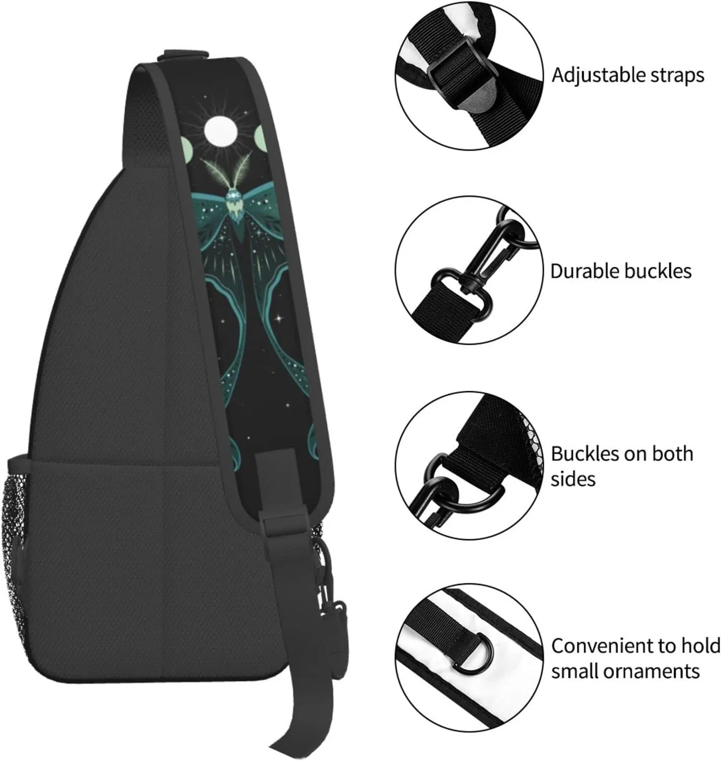 Green Moon Moth Sling Bag For Men Women Shoulder Backpack Chest Bags Crossbody Daypack For Hiking Camping Outdoor Trip
