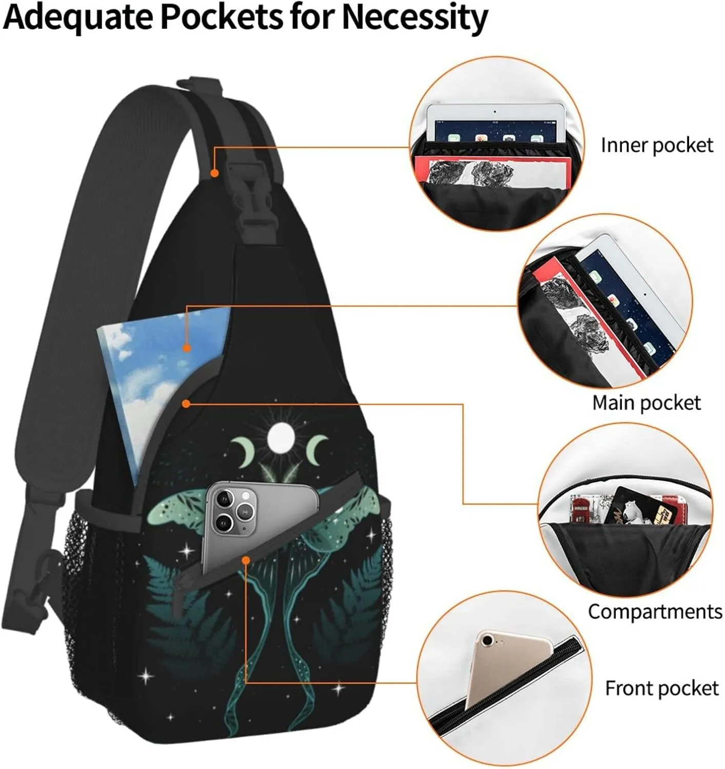 Green Moon Moth Sling Bag For Men Women Shoulder Backpack Chest Bags Crossbody Daypack For Hiking Camping Outdoor Trip