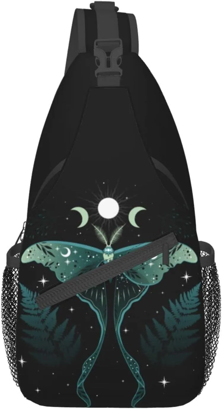 Green Moon Moth Sling Bag For Men Women Shoulder Backpack Chest Bags Crossbody Daypack For Hiking Camping Outdoor Trip
