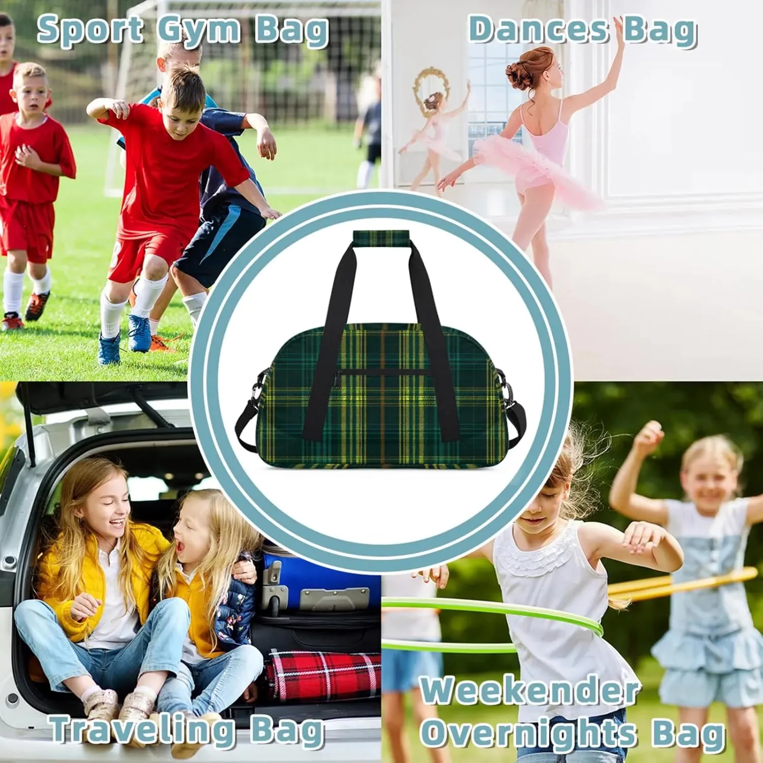 Green Plaid Small Gym Bag 18 inch Carry On Duffel Bag for Weekender Travel Sports Workout Yoga Gymnastics Dance Ballet