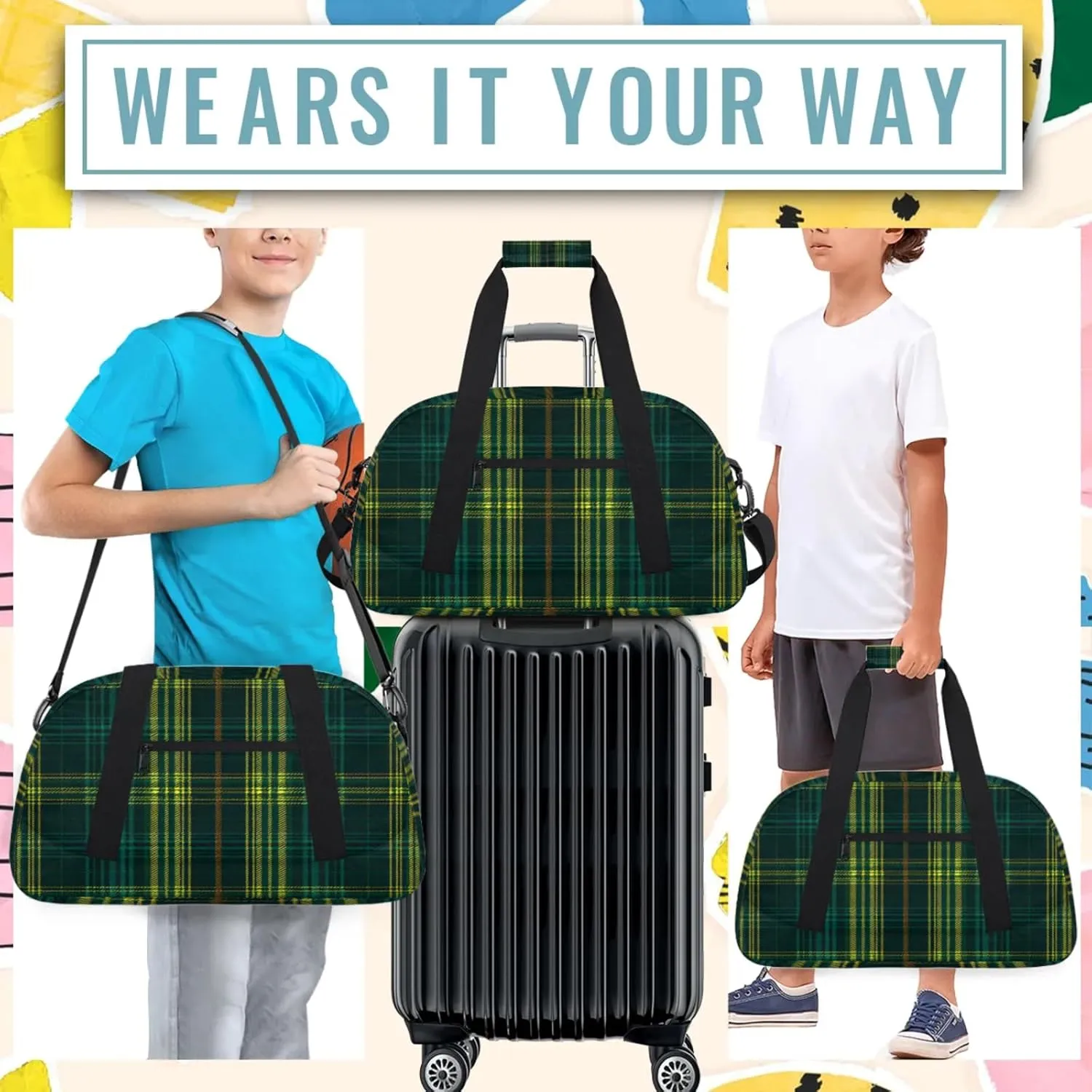 Green Plaid Small Gym Bag 18 inch Carry On Duffel Bag for Weekender Travel Sports Workout Yoga Gymnastics Dance Ballet