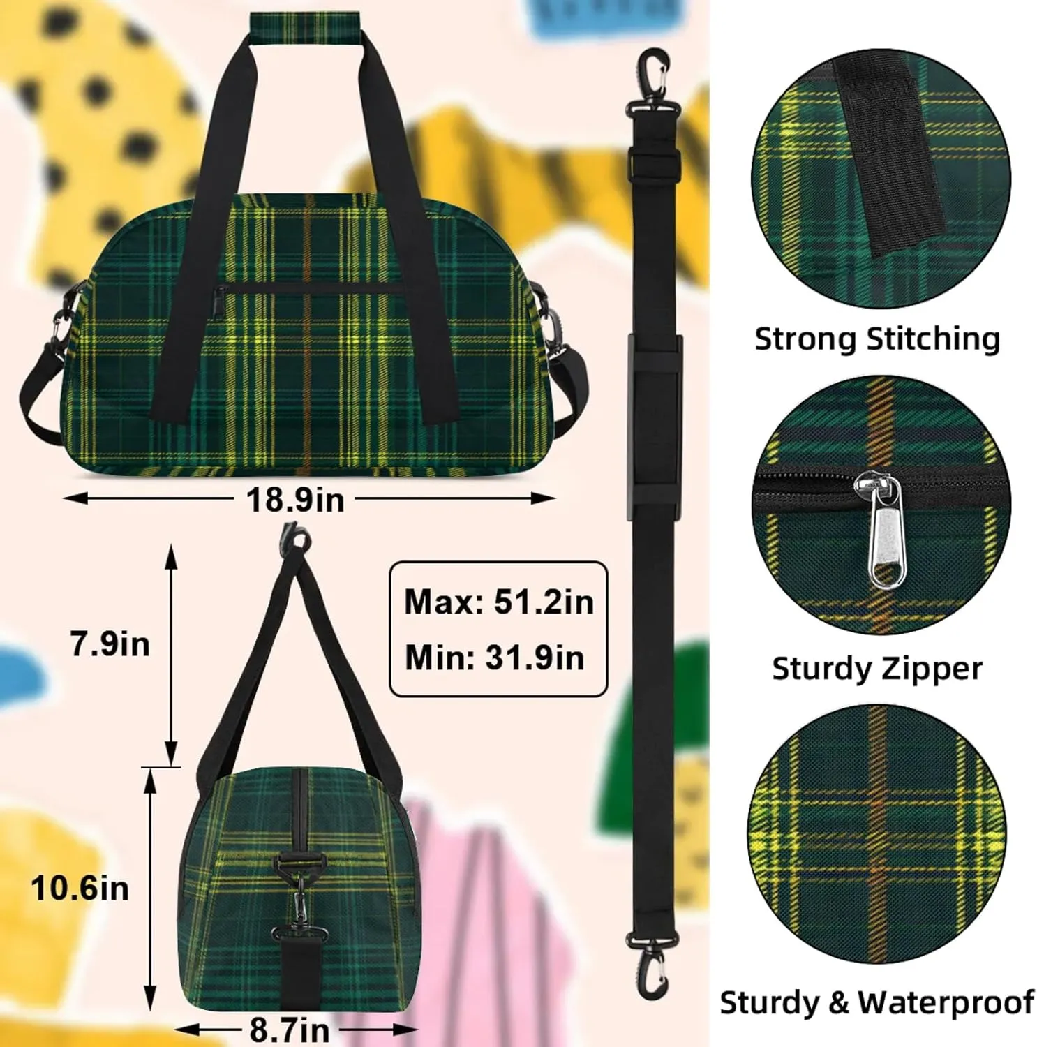 Green Plaid Small Gym Bag 18 inch Carry On Duffel Bag for Weekender Travel Sports Workout Yoga Gymnastics Dance Ballet