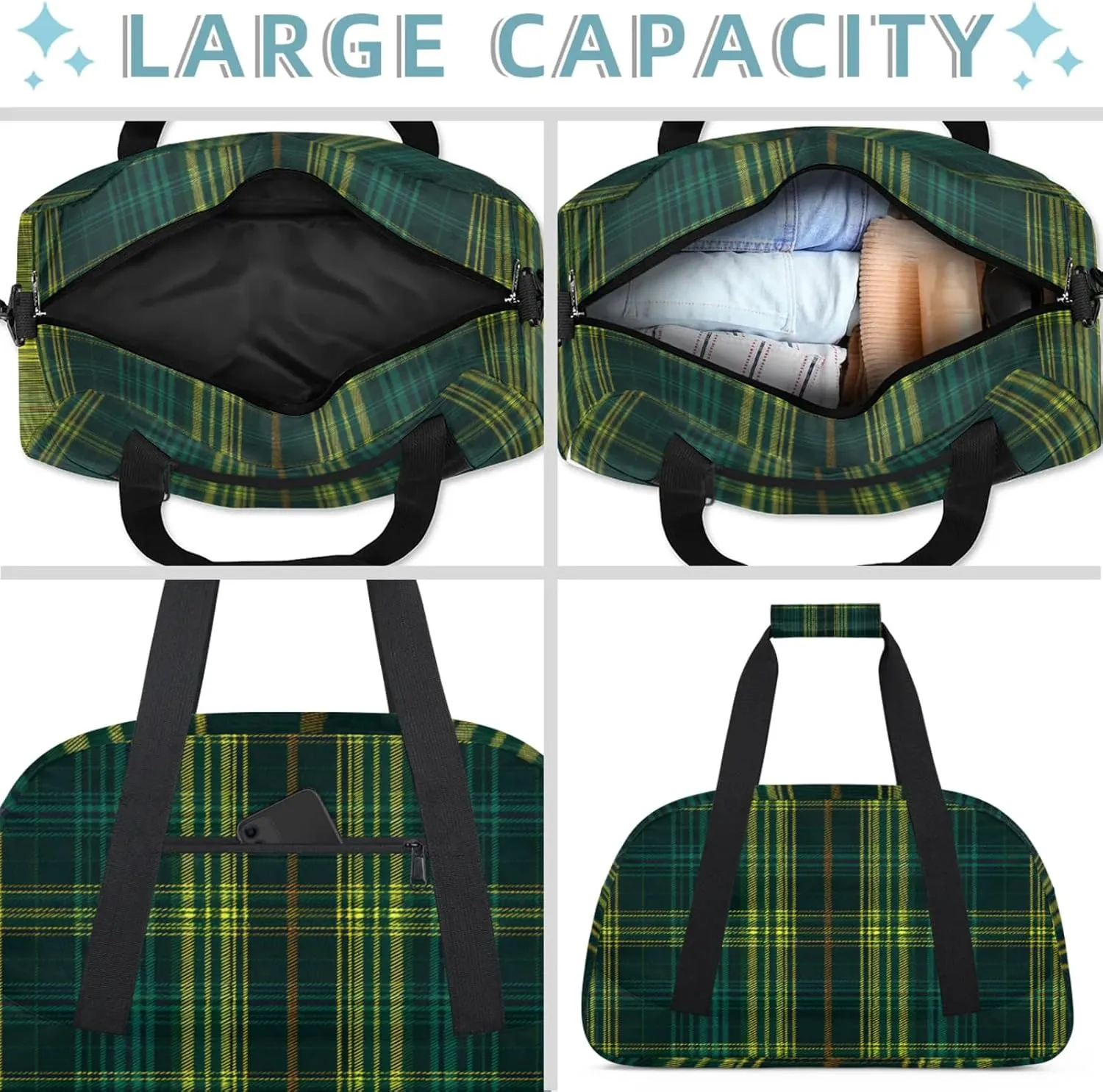 Green Plaid Small Gym Bag 18 inch Carry On Duffel Bag for Weekender Travel Sports Workout Yoga Gymnastics Dance Ballet
