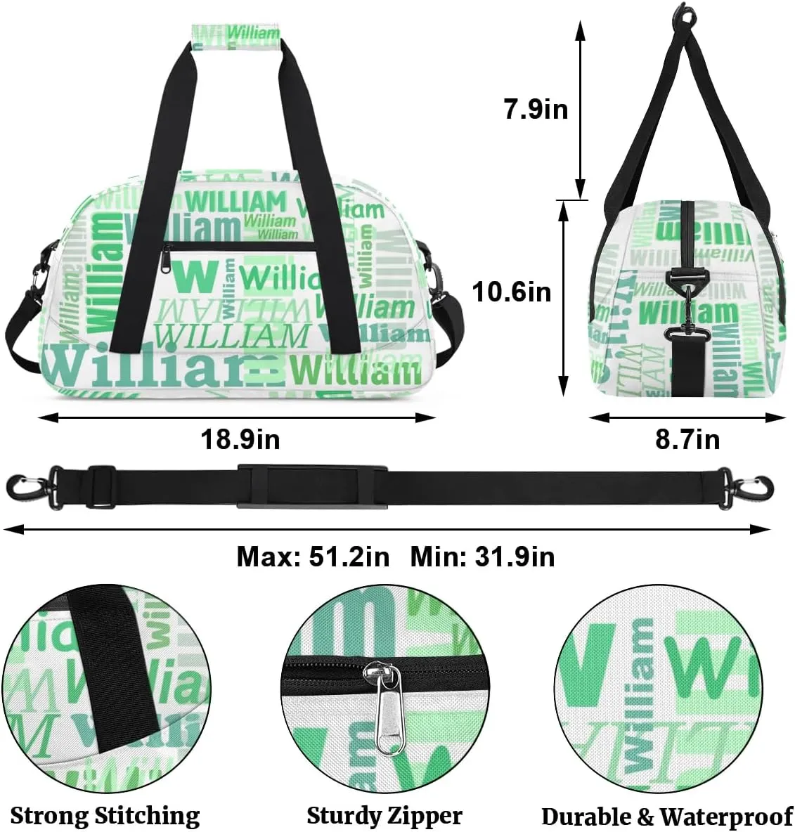 Green Spell Name Customized Kids Travel Duffels Bag Gym Bag Overnight Weekender Small Bags As Gifts for Boys and Girls