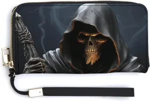 Grim-Reaper Wallet Leather Zipper Around Clutch Wallet Large Capacity Purse with Wristlet Strap