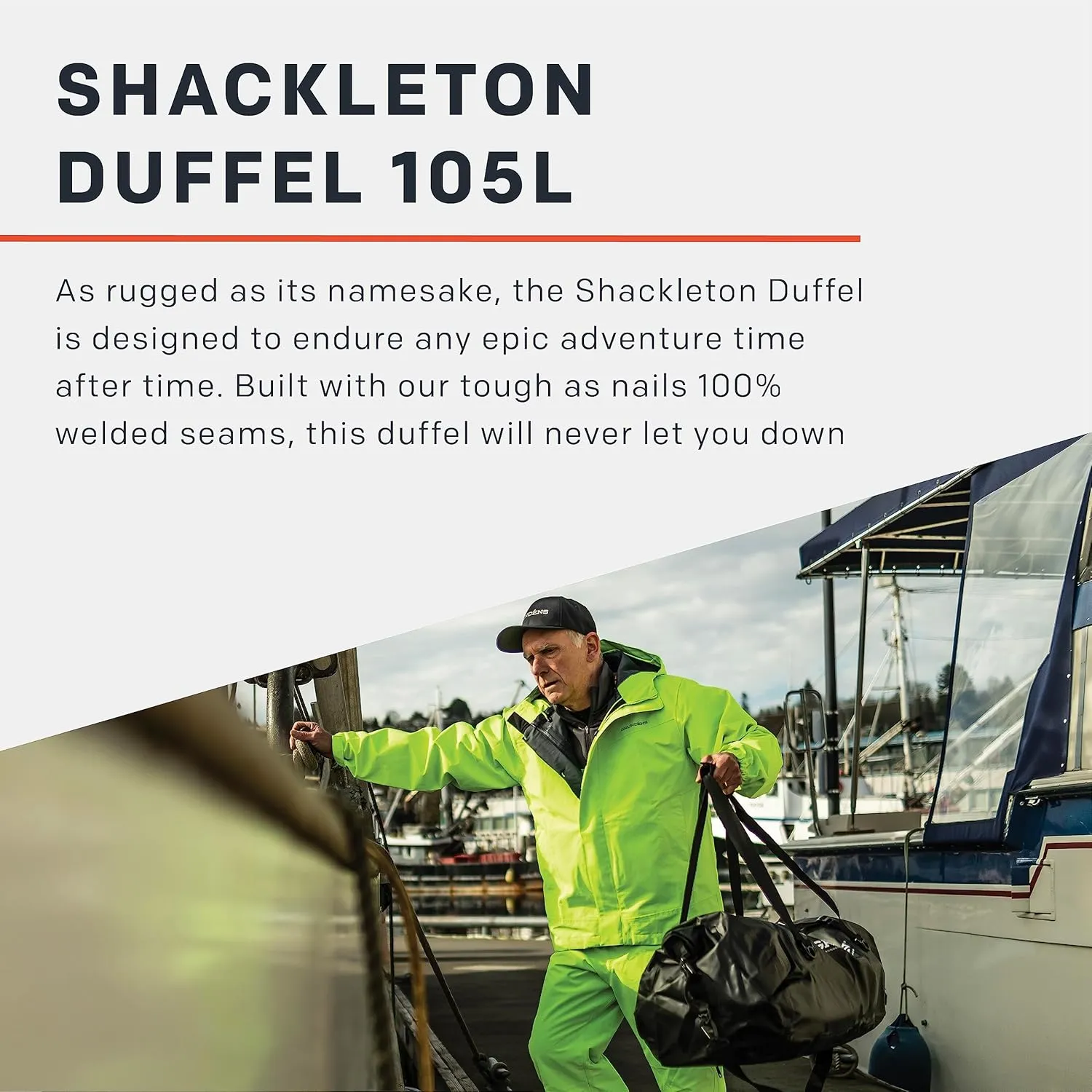 Grundens Shackleton 2.0 Duffel 105L - Waterproof, Welded Construction, Roll Top Closure, and External Secure Zipper Storage for Fishing and Outdoor Use, Red Orange