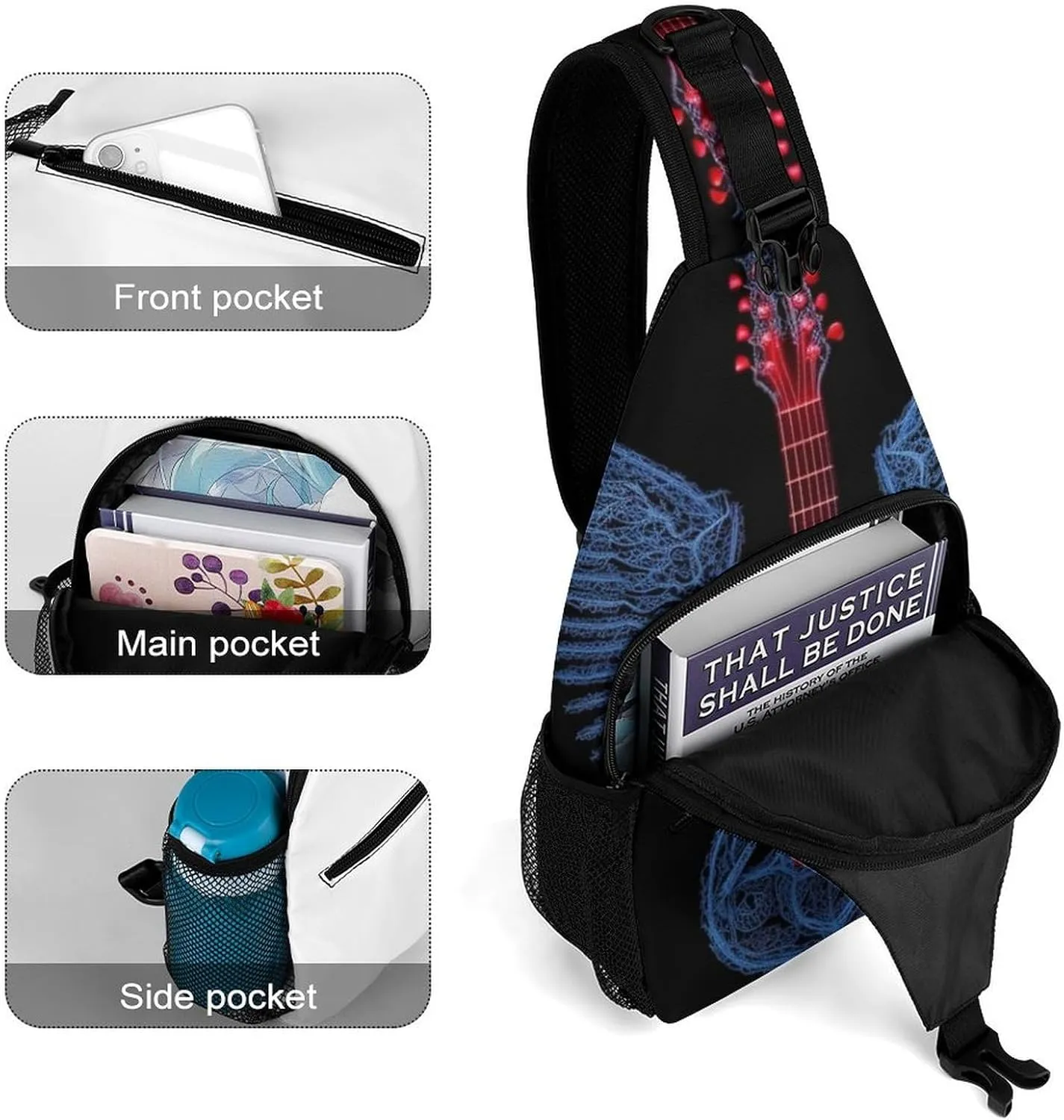 Guitar-wings-black Sling Bag Crossbody Backpack for Men Women Chest Bag For Travel Hiking Cycling Camping, 38x20cm, Style-2