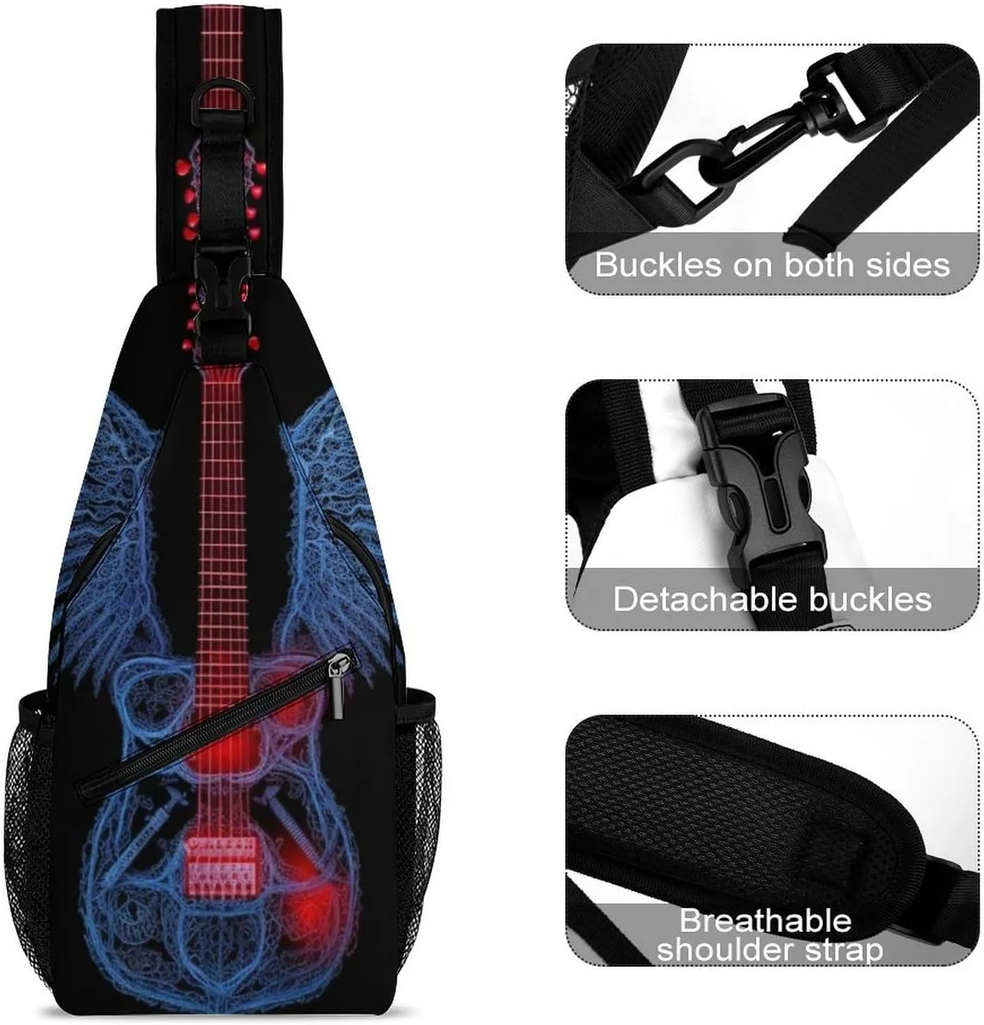Guitar-wings-black Sling Bag Crossbody Backpack for Men Women Chest Bag For Travel Hiking Cycling Camping, 38x20cm, Style-2