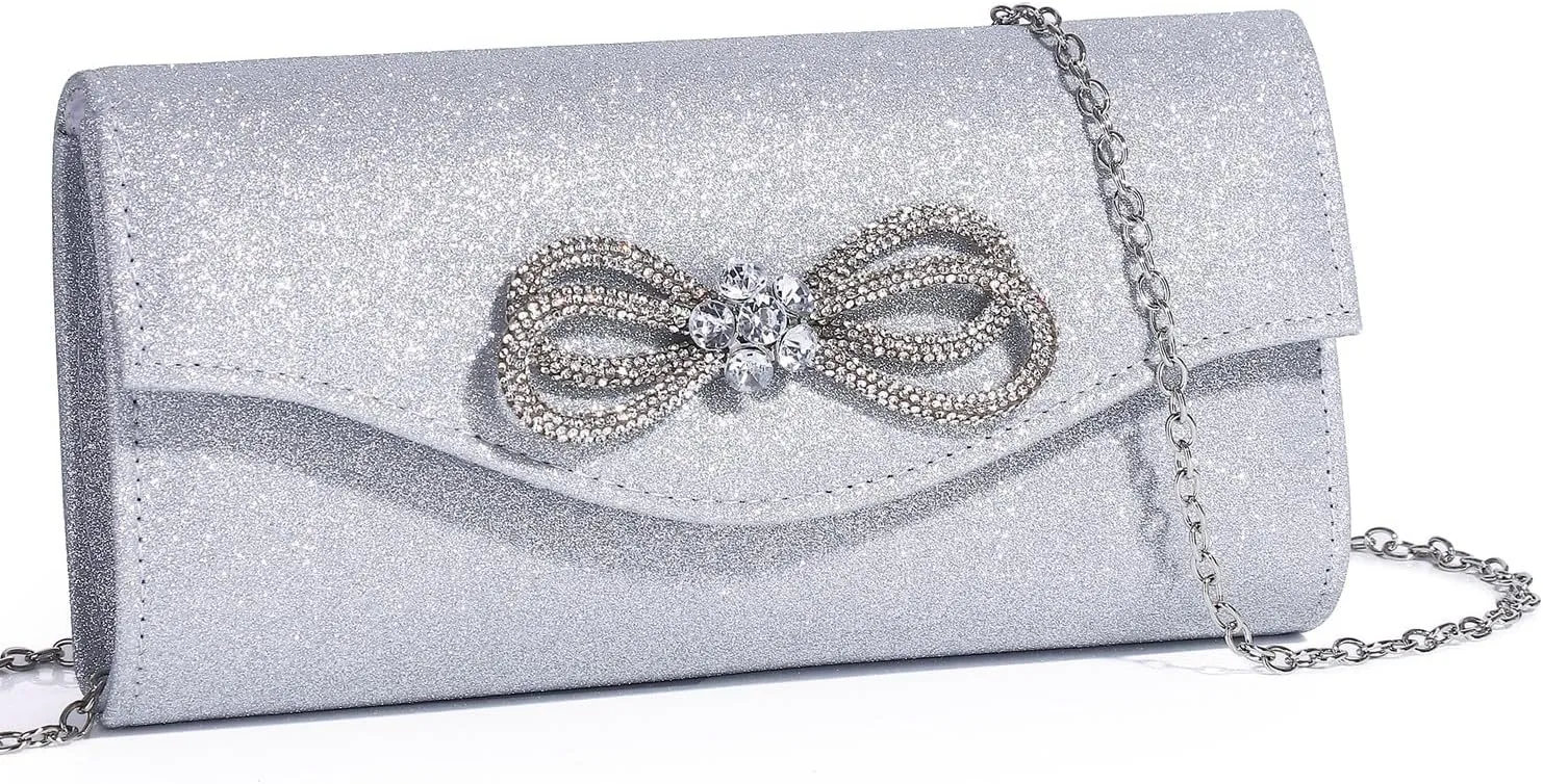 Gurina Evening Clutch Purses for Women Formal Party Clutch Bags Cocktail Prom Shoulder Handbags Shiny Crystal Bow Flap Purses