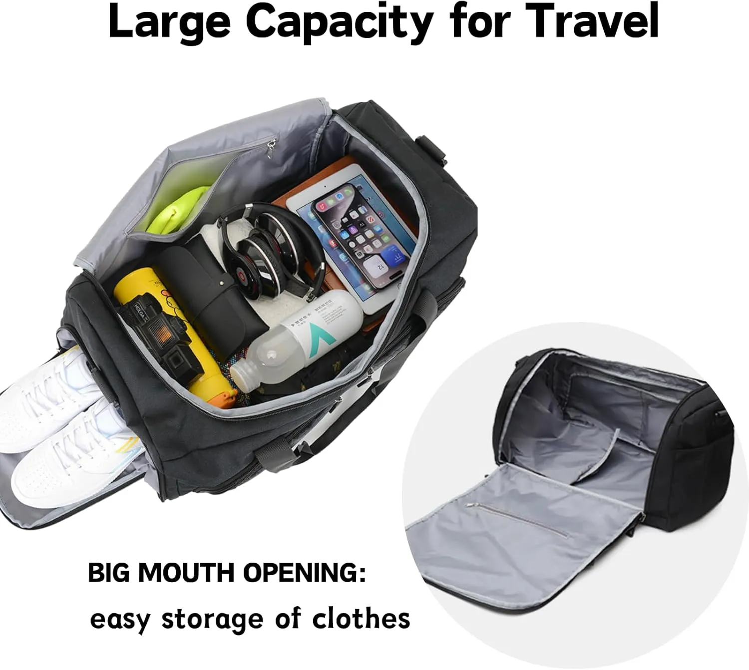 Gym Bag for Men Women, Small Sports Gym Bags with Wet Pocket & Shoes Compartment, Overnight Travel Duffle Bags, Carry on Weekender bag Waterproof for Fitness Workout Yoga - Black