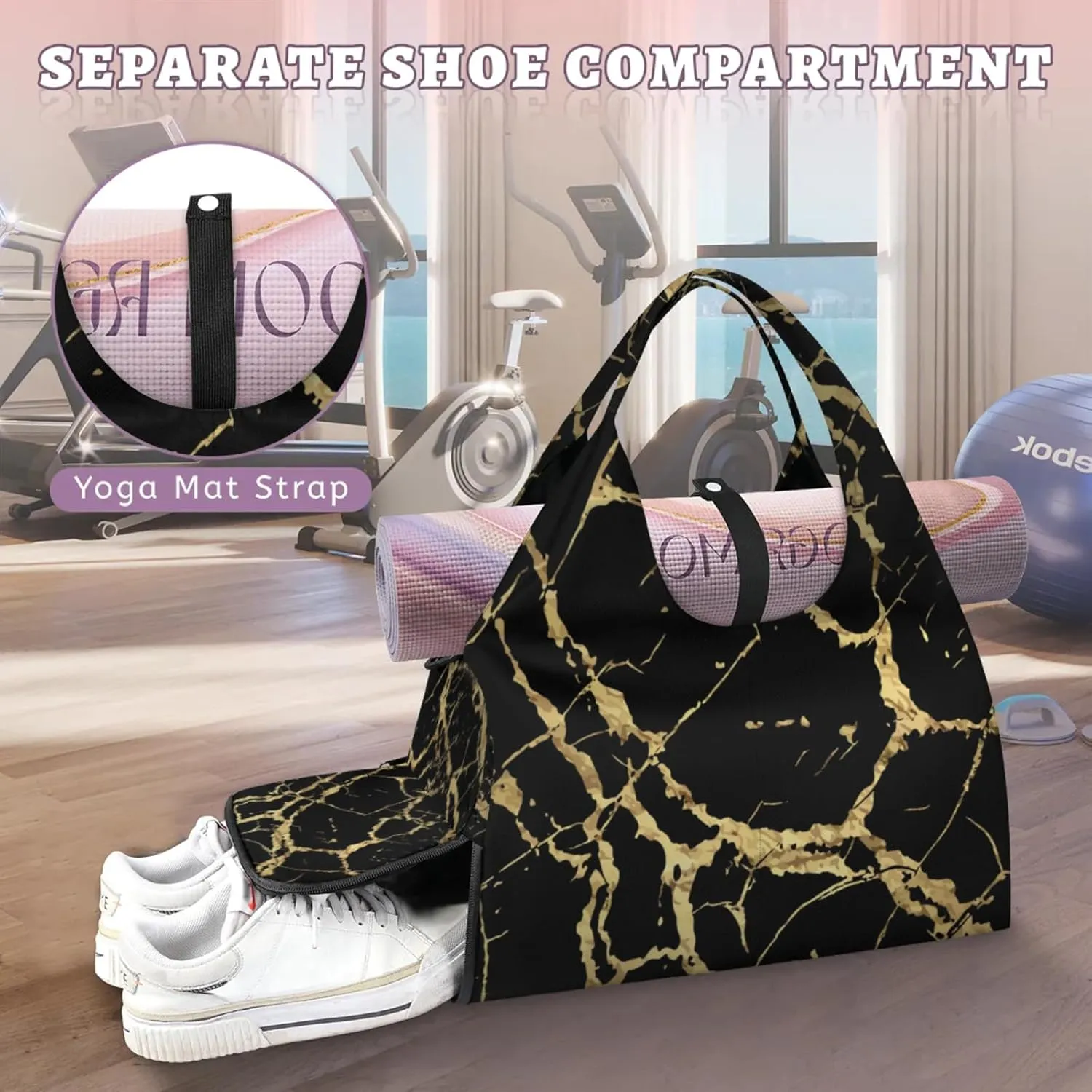 Gym Bag for Women Black Marble Gold Texture Duffel Bag with Shoe Compartment and Yoga Mat Holder Portable Weekender Bags Travel Tote Bags
