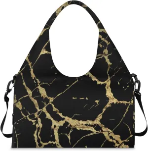 Gym Bag for Women Black Marble Gold Texture Duffel Bag with Shoe Compartment and Yoga Mat Holder Portable Weekender Bags Travel Tote Bags
