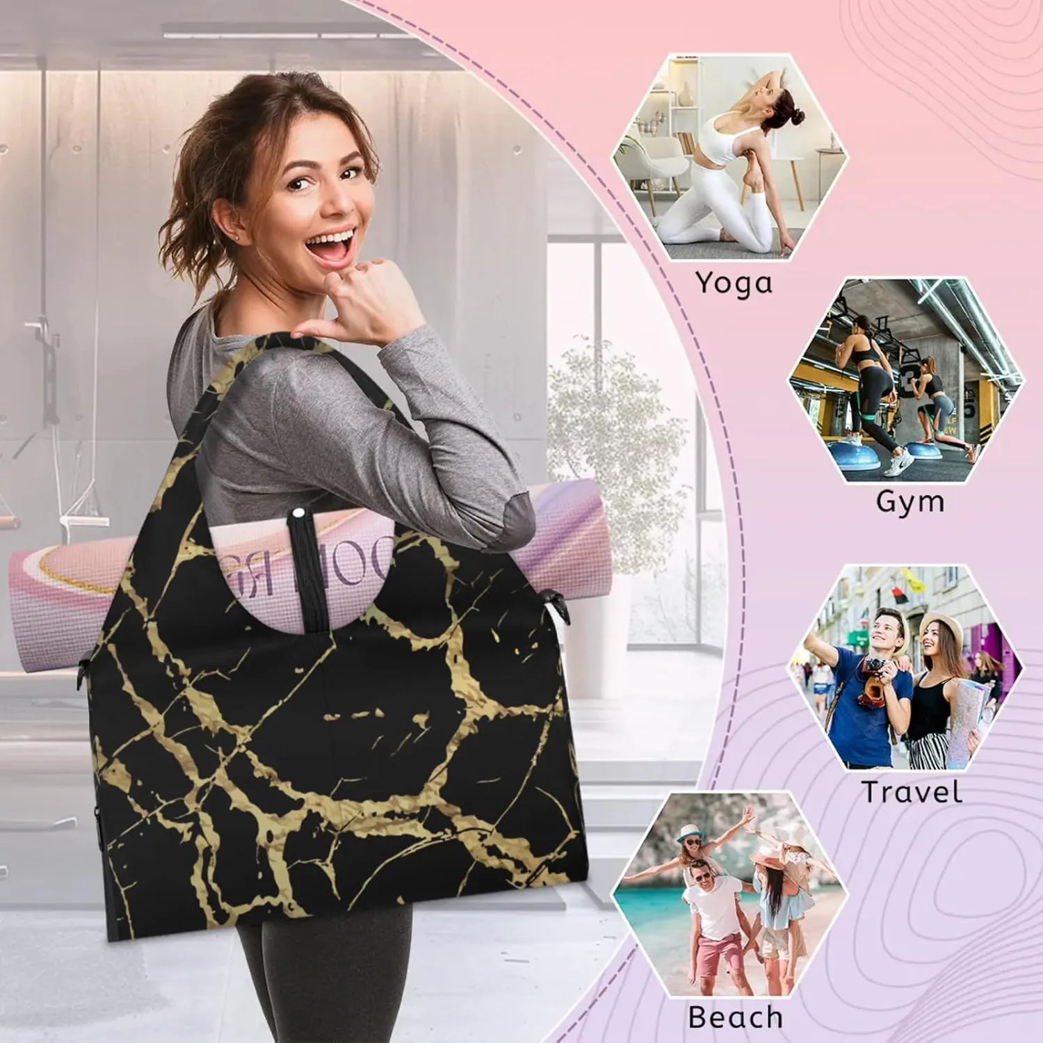 Gym Bag for Women Black Marble Gold Texture Duffel Bag with Shoe Compartment and Yoga Mat Holder Portable Weekender Bags Travel Tote Bags