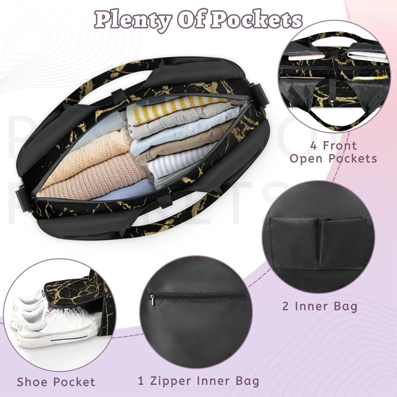 Gym Bag for Women Black Marble Gold Texture Duffel Bag with Shoe Compartment and Yoga Mat Holder Portable Weekender Bags Travel Tote Bags