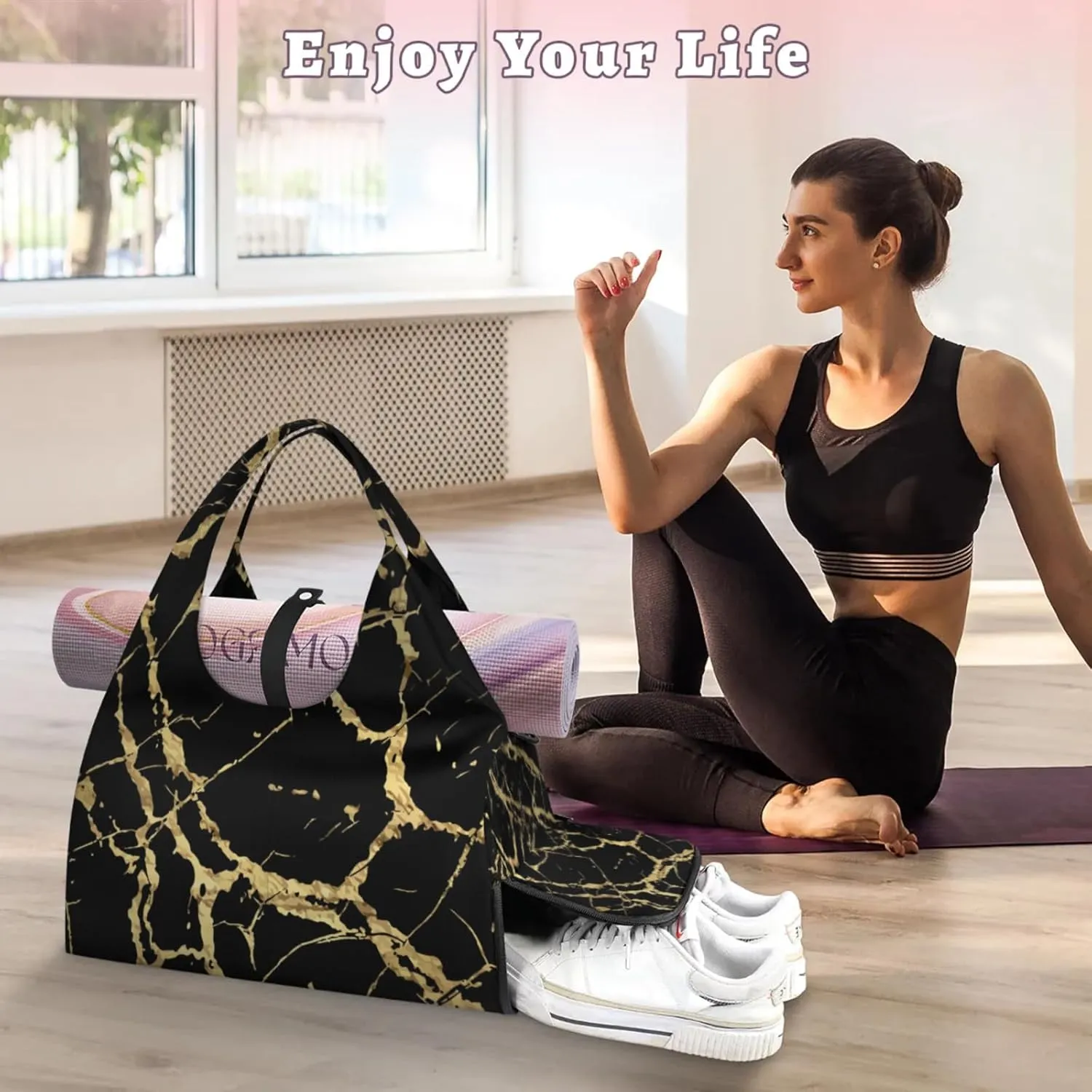 Gym Bag for Women Black Marble Gold Texture Duffel Bag with Shoe Compartment and Yoga Mat Holder Portable Weekender Bags Travel Tote Bags
