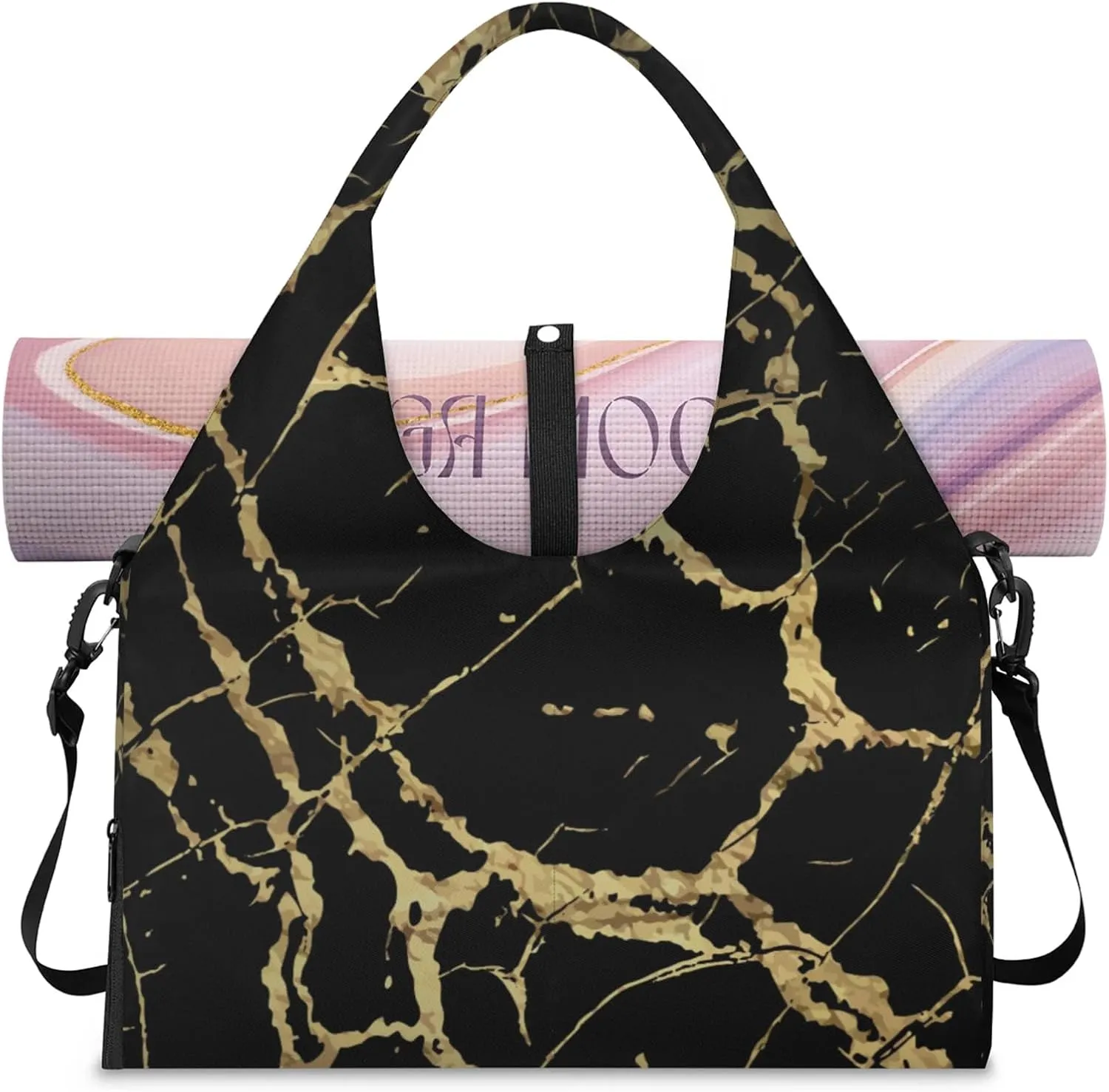 Gym Bag for Women Black Marble Gold Texture Duffel Bag with Shoe Compartment and Yoga Mat Holder Portable Weekender Bags Travel Tote Bags