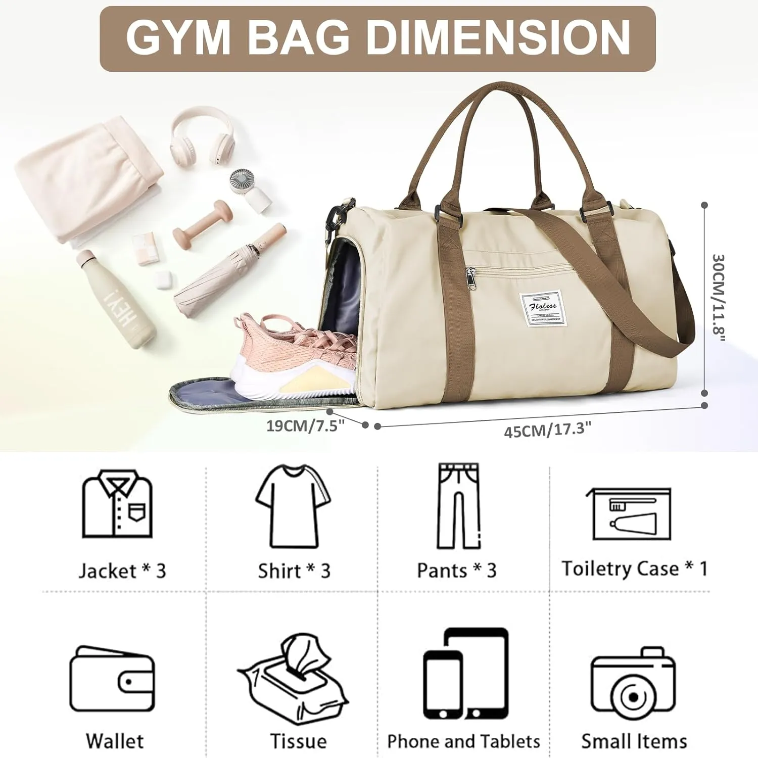 Gym Bag for Women Men with Shoes Compartment,Sports Duffle Bag Personal item travel Duffel Bags Tote Bag Small Carry on Weekender Overnight Bag Workout Dance Bag Hospital Holdalls Beige Brown