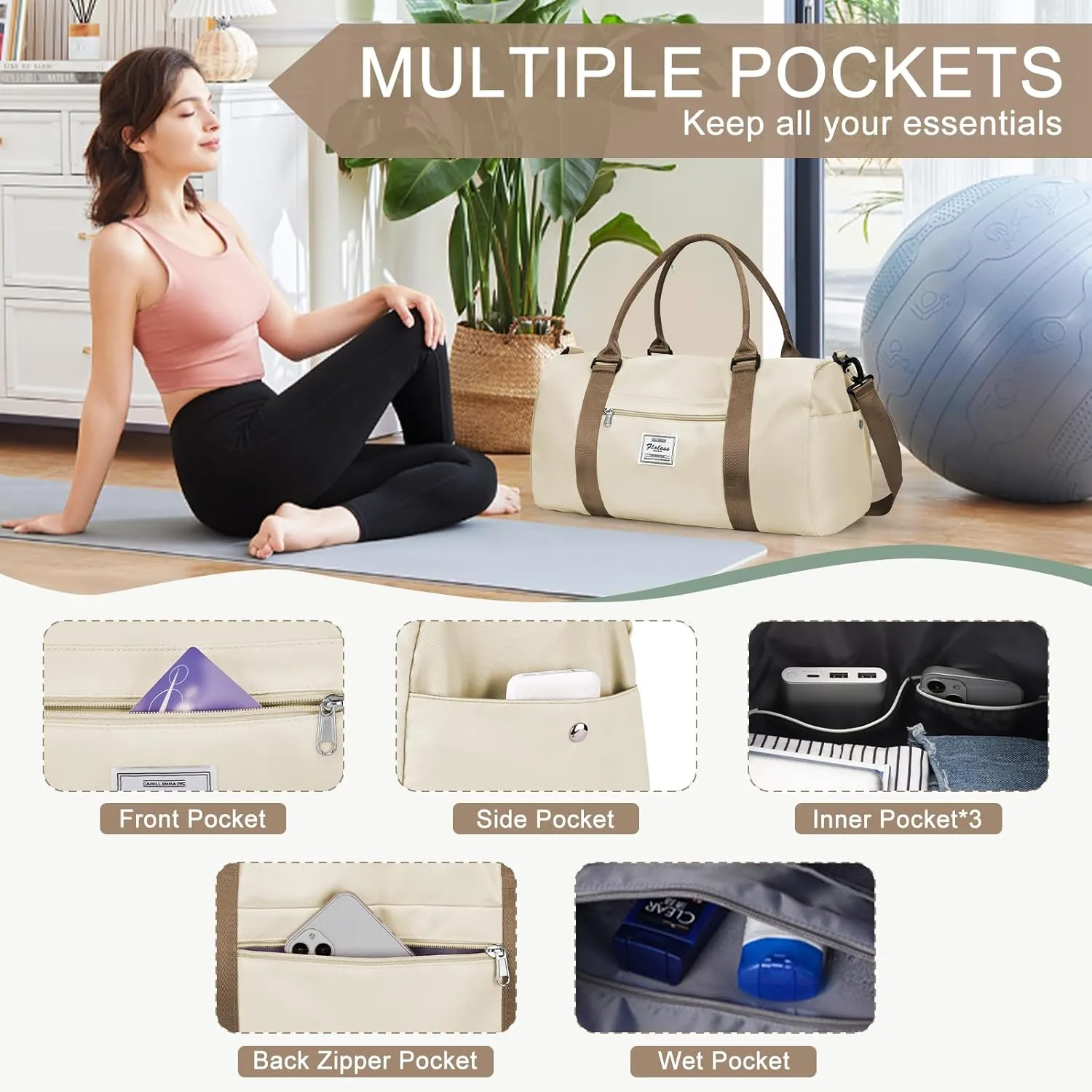 Gym Bag for Women Men with Shoes Compartment,Sports Duffle Bag Personal item travel Duffel Bags Tote Bag Small Carry on Weekender Overnight Bag Workout Dance Bag Hospital Holdalls Beige Brown