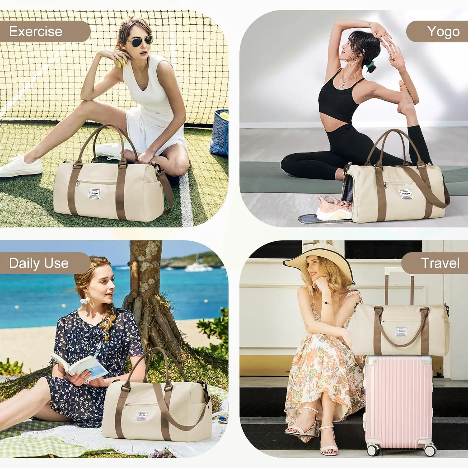 Gym Bag for Women Men with Shoes Compartment,Sports Duffle Bag Personal item travel Duffel Bags Tote Bag Small Carry on Weekender Overnight Bag Workout Dance Bag Hospital Holdalls Beige Brown