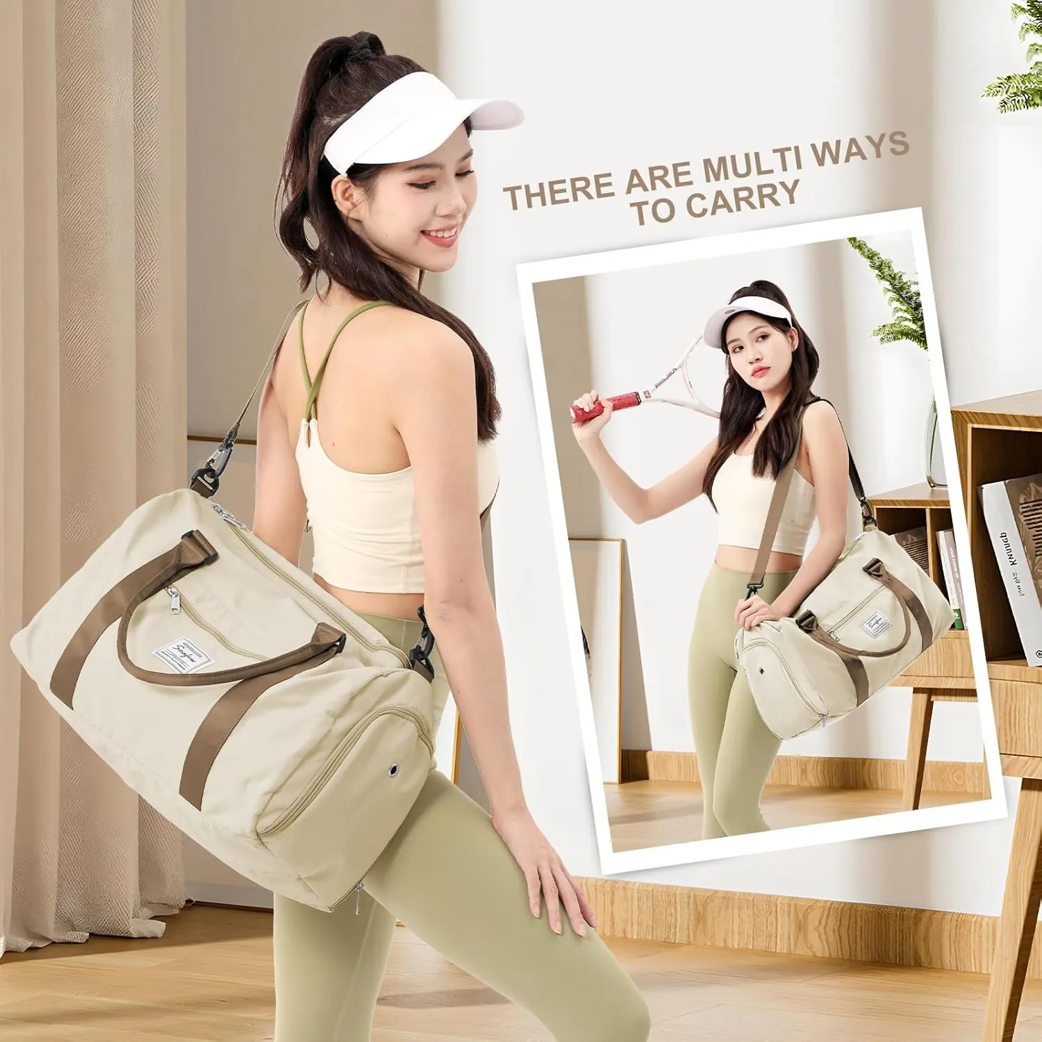 Gym Bag for Women Men with Shoes Compartment,Sports Duffle Bag Personal item travel Duffel Bags Tote Bag Small Carry on Weekender Overnight Bag Workout Dance Bag Hospital Holdalls Beige Brown