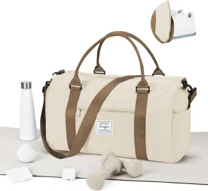 Gym Bag for Women Men with Shoes Compartment,Sports Duffle Bag Personal item travel Duffel Bags Tote Bag Small Carry on Weekender Overnight Bag Workout Dance Bag Hospital Holdalls Beige Brown