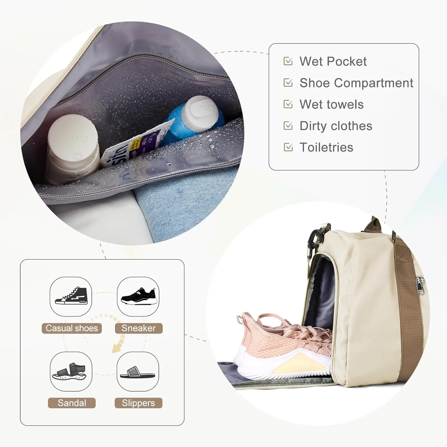 Gym Bag for Women Men with Shoes Compartment,Sports Duffle Bag Personal item travel Duffel Bags Tote Bag Small Carry on Weekender Overnight Bag Workout Dance Bag Hospital Holdalls Beige Brown