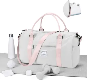Gym Bag for Women Men with Shoes Compartment,Sports Duffle Bag Personal item travel Duffel Bags Tote Bag Small Carry on Weekender Overnight Bag Workout Dance Bag Hospital Holdalls Grey Pink
