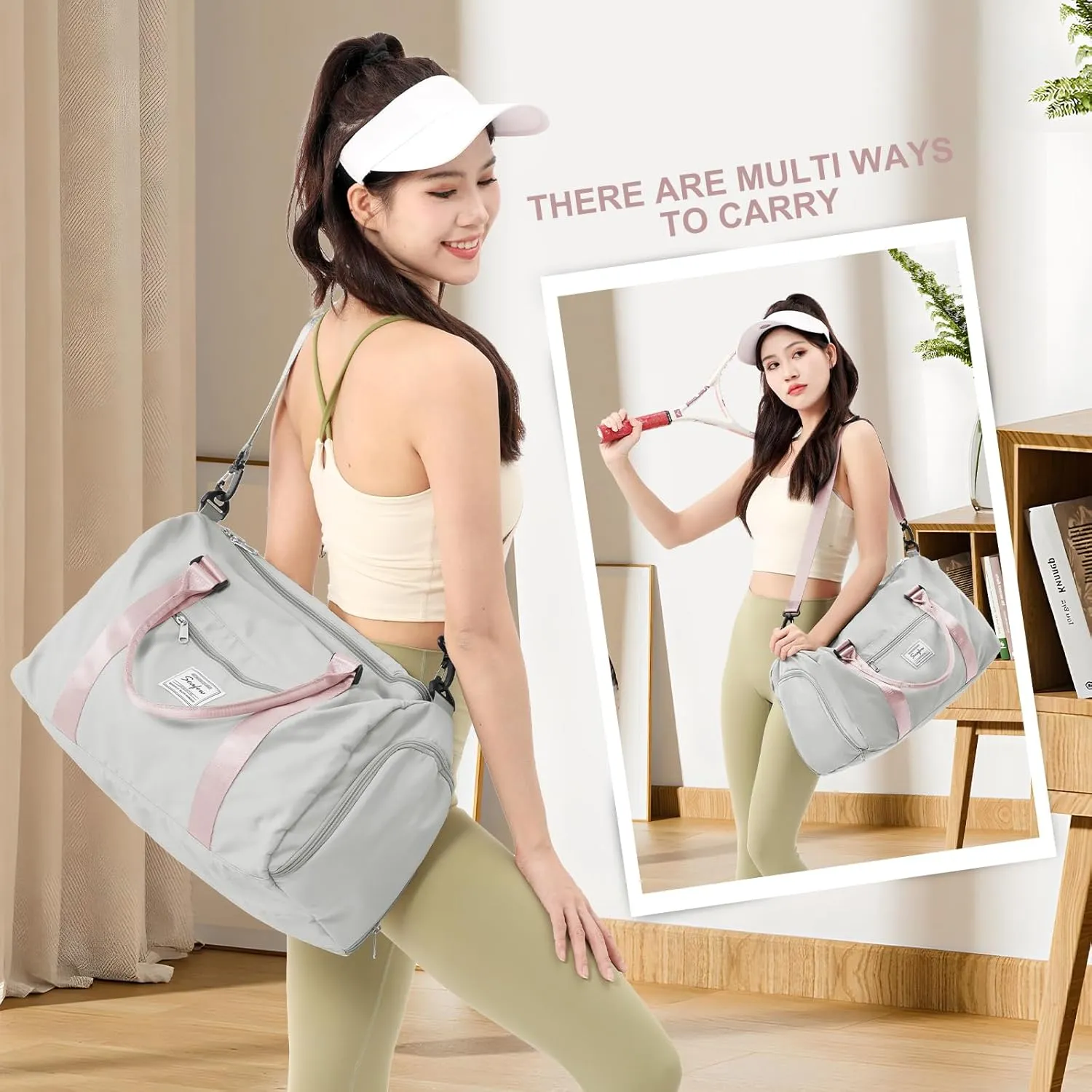 Gym Bag for Women Men with Shoes Compartment,Sports Duffle Bag Personal item travel Duffel Bags Tote Bag Small Carry on Weekender Overnight Bag Workout Dance Bag Hospital Holdalls Grey Pink