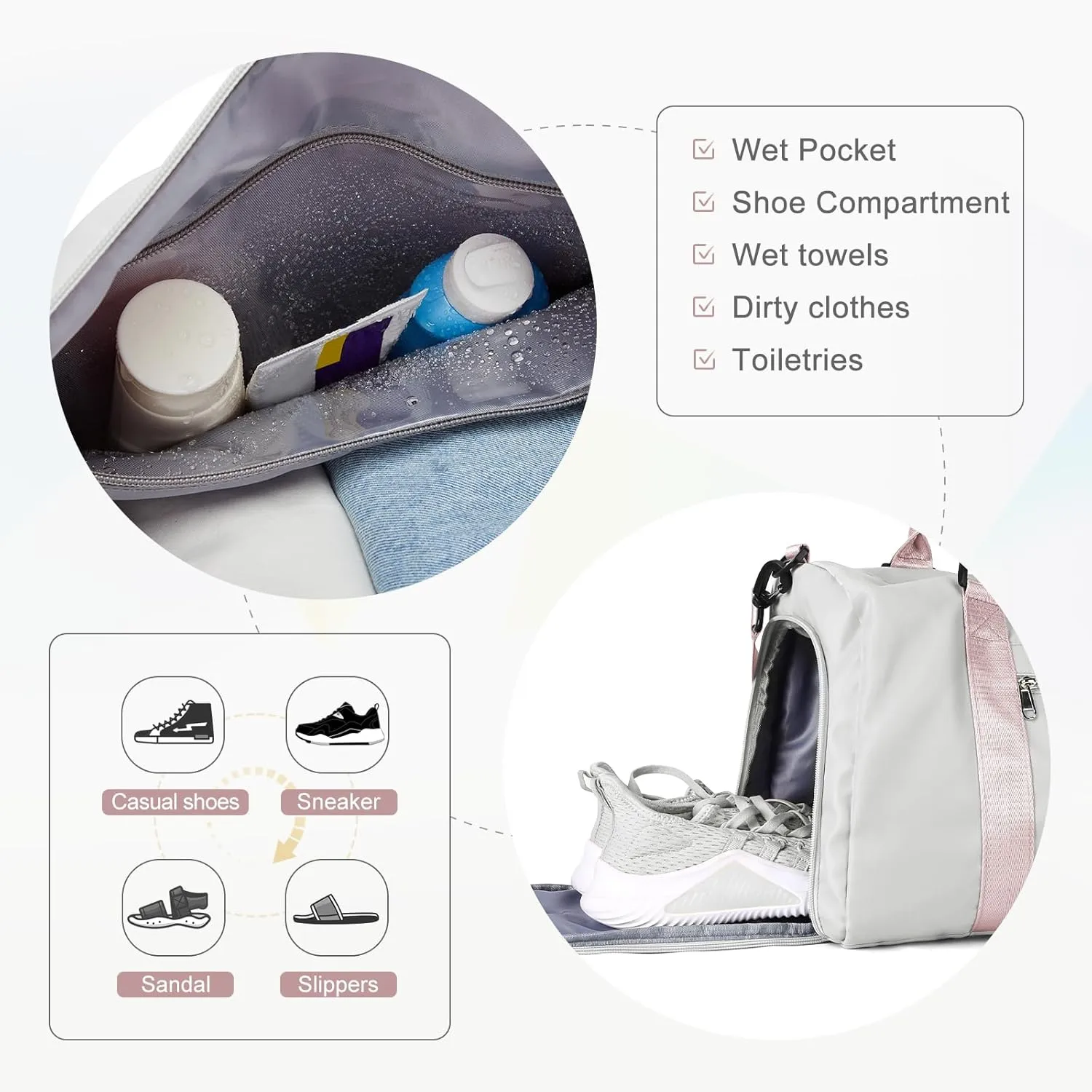 Gym Bag for Women Men with Shoes Compartment,Sports Duffle Bag Personal item travel Duffel Bags Tote Bag Small Carry on Weekender Overnight Bag Workout Dance Bag Hospital Holdalls Grey Pink