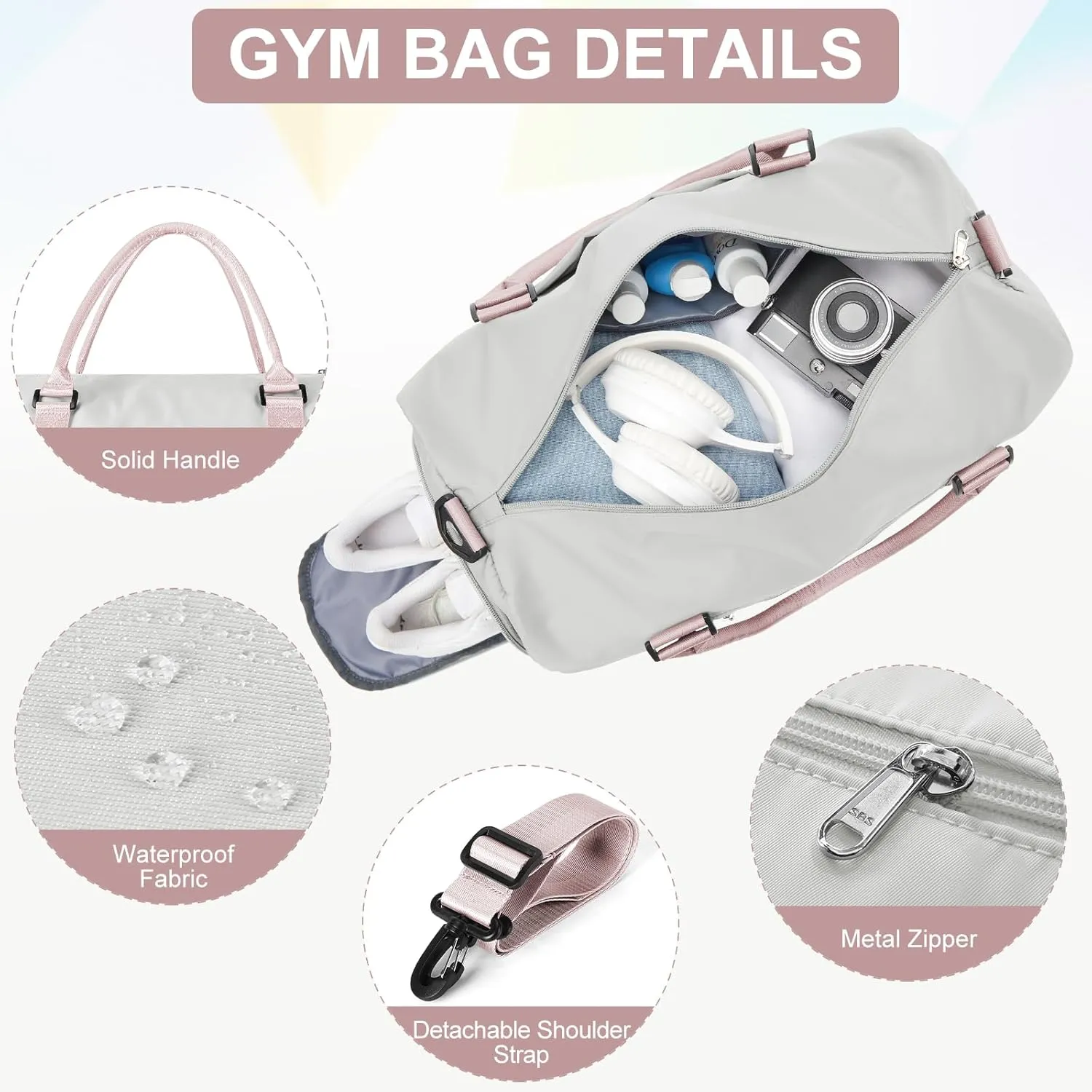 Gym Bag for Women Men with Shoes Compartment,Sports Duffle Bag Personal item travel Duffel Bags Tote Bag Small Carry on Weekender Overnight Bag Workout Dance Bag Hospital Holdalls Grey Pink