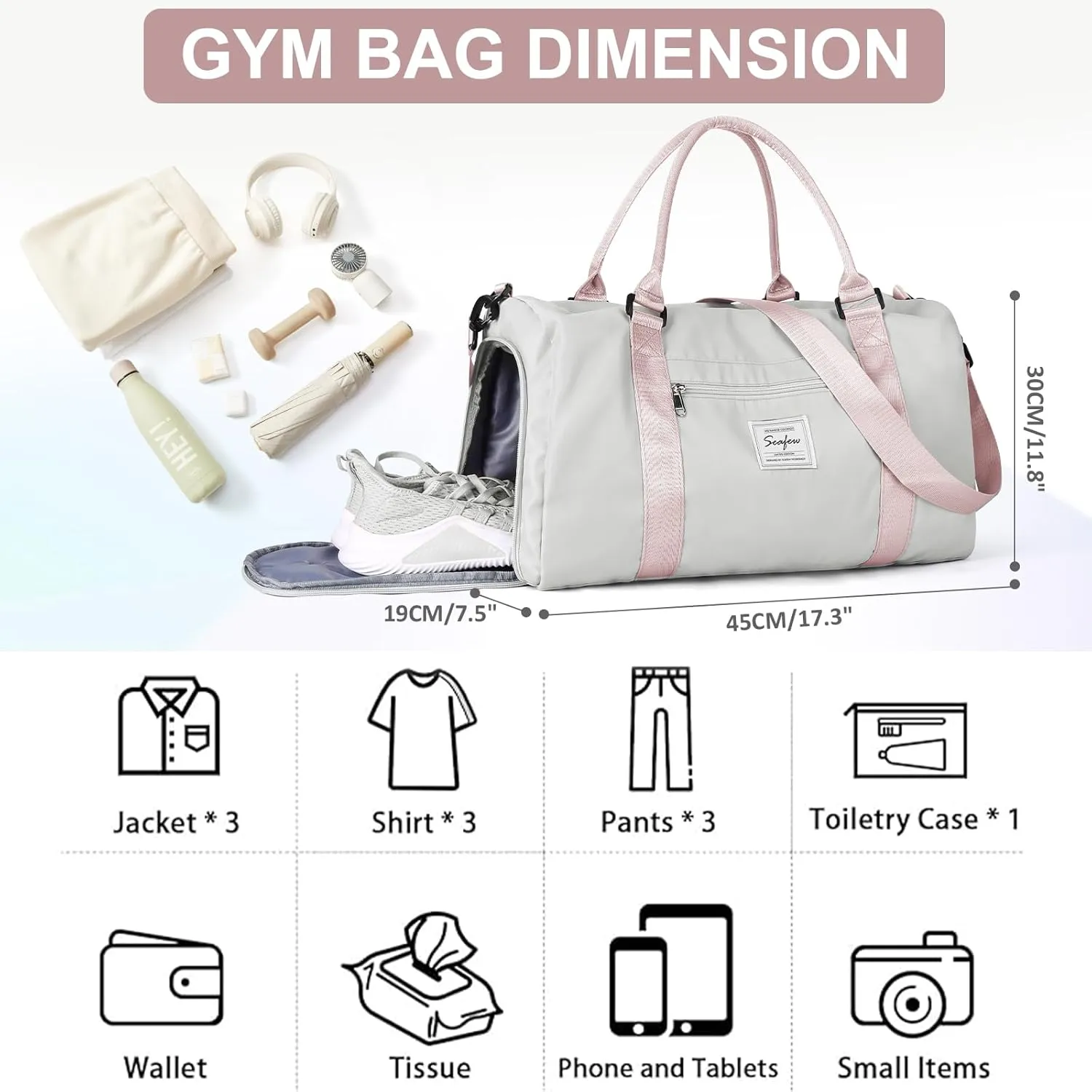 Gym Bag for Women Men with Shoes Compartment,Sports Duffle Bag Personal item travel Duffel Bags Tote Bag Small Carry on Weekender Overnight Bag Workout Dance Bag Hospital Holdalls Grey Pink