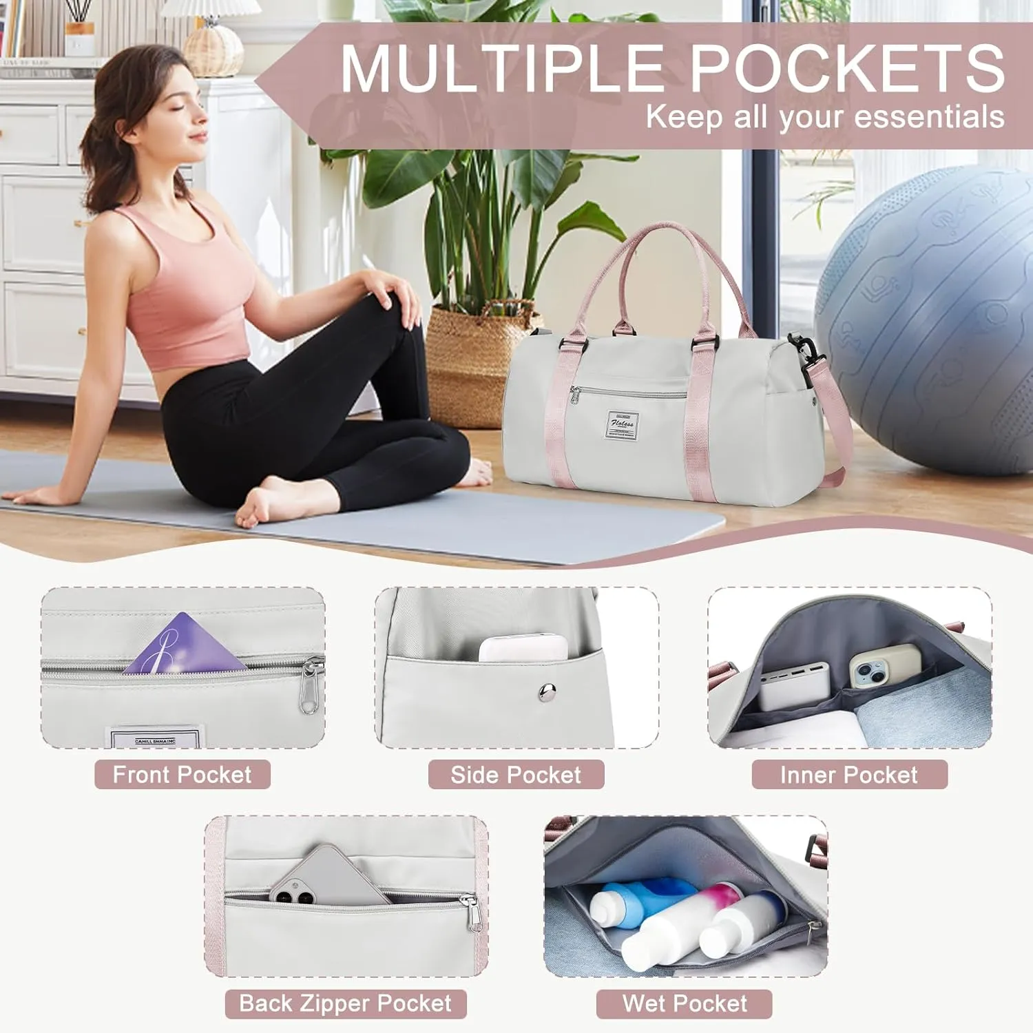 Gym Bag for Women Men with Shoes Compartment,Sports Duffle Bag Personal item travel Duffel Bags Tote Bag Small Carry on Weekender Overnight Bag Workout Dance Bag Hospital Holdalls Grey Pink