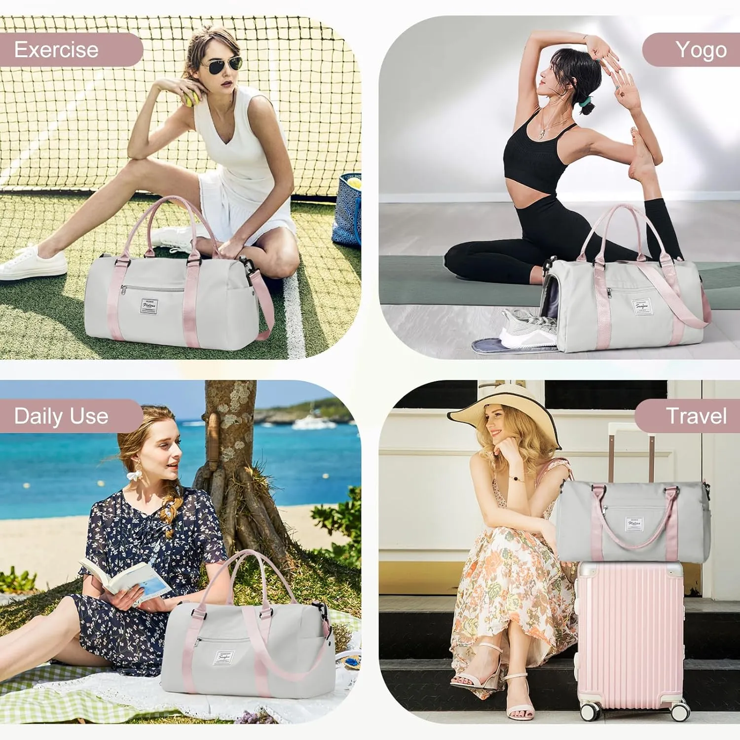 Gym Bag for Women Men with Shoes Compartment,Sports Duffle Bag Personal item travel Duffel Bags Tote Bag Small Carry on Weekender Overnight Bag Workout Dance Bag Hospital Holdalls Grey Pink