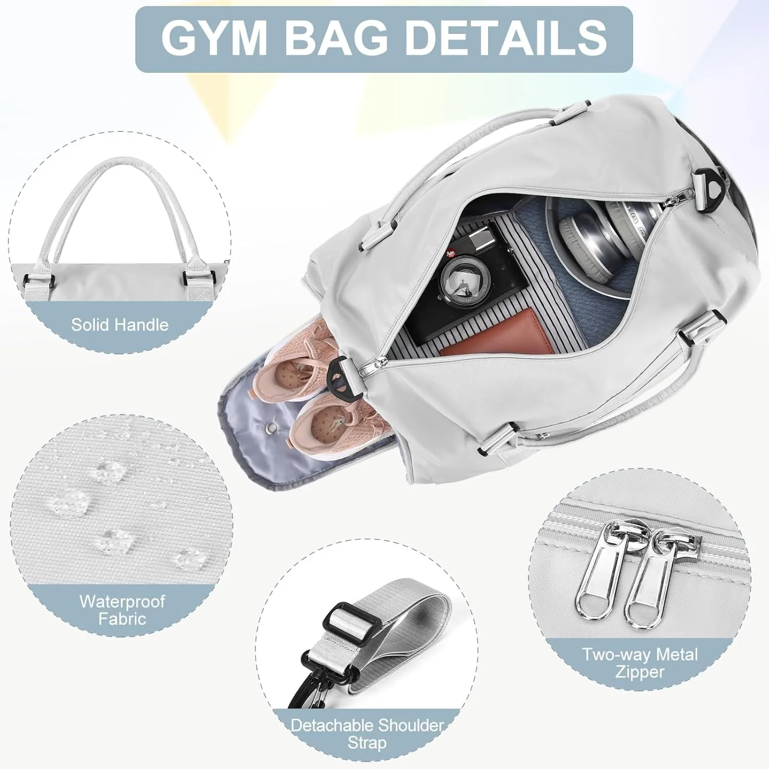 Gym Bag for Women Men with Shoes Compartment,Sports Duffle Bag Personal item travel Duffel Bags Tote Bag Small Carry on Weekender Overnight Bag Workout Dance Bag Hospital Holdalls Grey