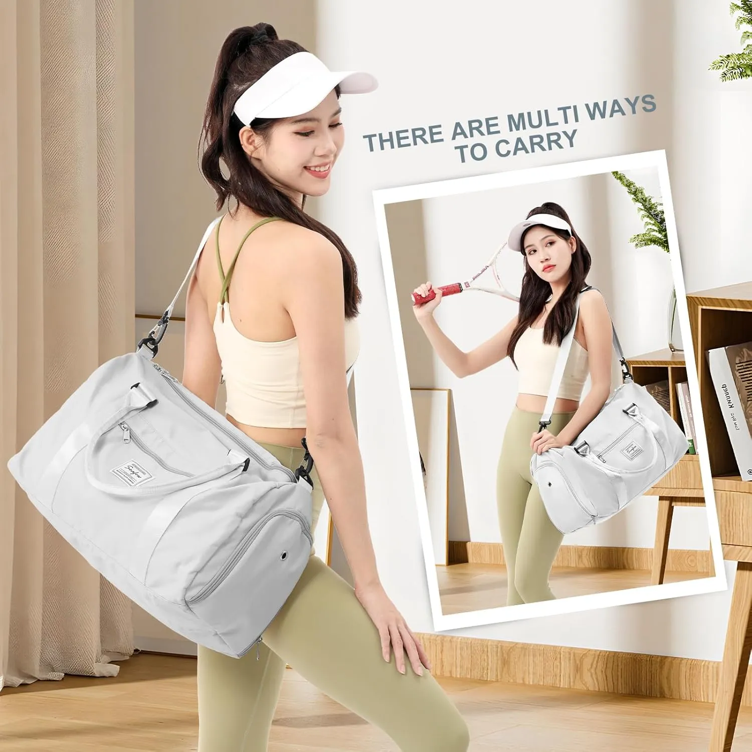 Gym Bag for Women Men with Shoes Compartment,Sports Duffle Bag Personal item travel Duffel Bags Tote Bag Small Carry on Weekender Overnight Bag Workout Dance Bag Hospital Holdalls Grey