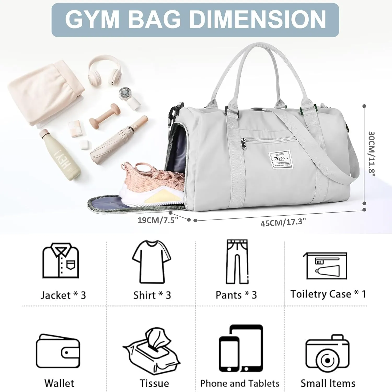 Gym Bag for Women Men with Shoes Compartment,Sports Duffle Bag Personal item travel Duffel Bags Tote Bag Small Carry on Weekender Overnight Bag Workout Dance Bag Hospital Holdalls Grey