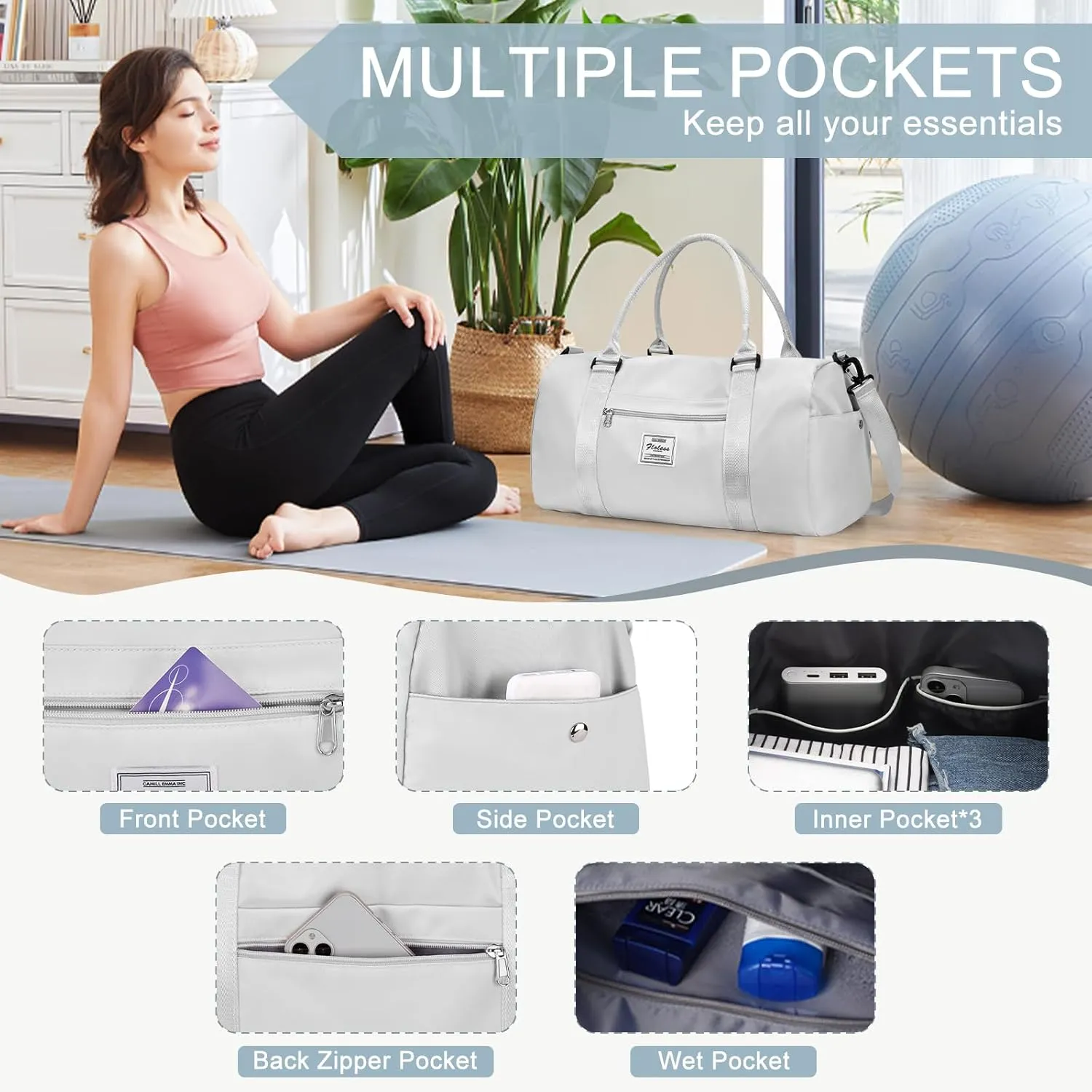 Gym Bag for Women Men with Shoes Compartment,Sports Duffle Bag Personal item travel Duffel Bags Tote Bag Small Carry on Weekender Overnight Bag Workout Dance Bag Hospital Holdalls Grey