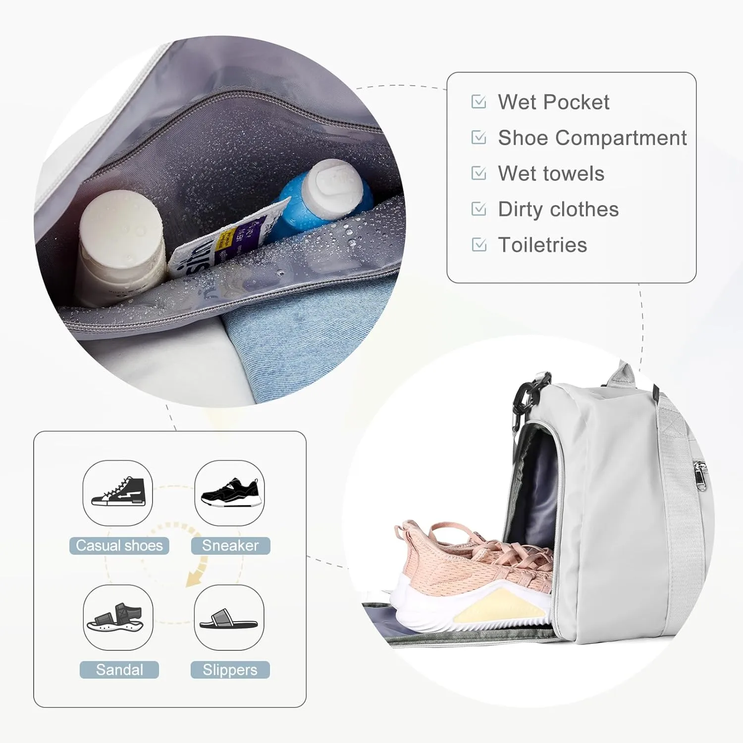 Gym Bag for Women Men with Shoes Compartment,Sports Duffle Bag Personal item travel Duffel Bags Tote Bag Small Carry on Weekender Overnight Bag Workout Dance Bag Hospital Holdalls Grey
