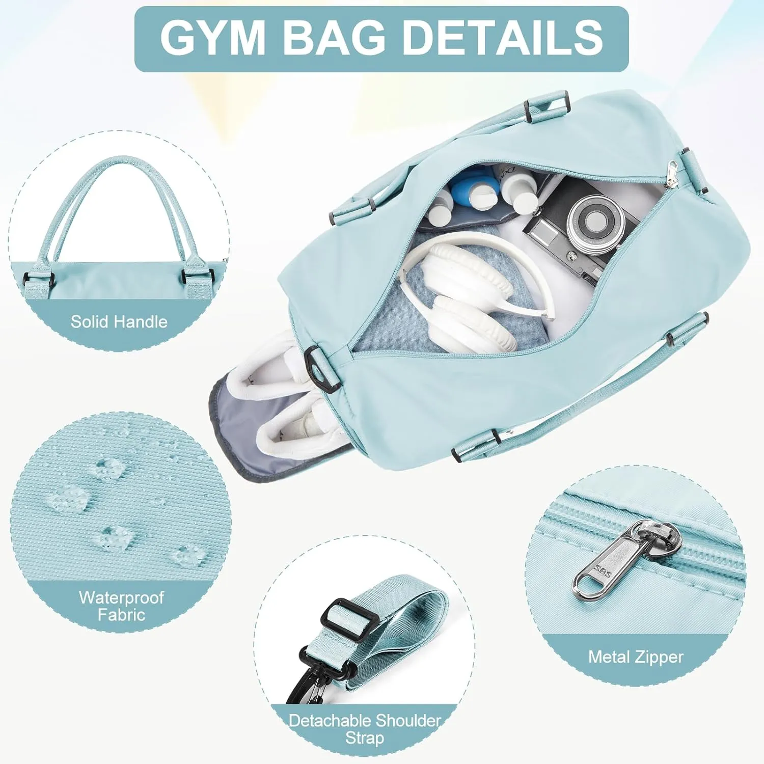 Gym Bag for Women Men with Shoes Compartment,Sports Duffle Bag Personal item travel Duffel Bags Tote Bag Small Carry on Weekender Overnight Bag Workout Dance Bag Hospital Holdalls Light Blue
