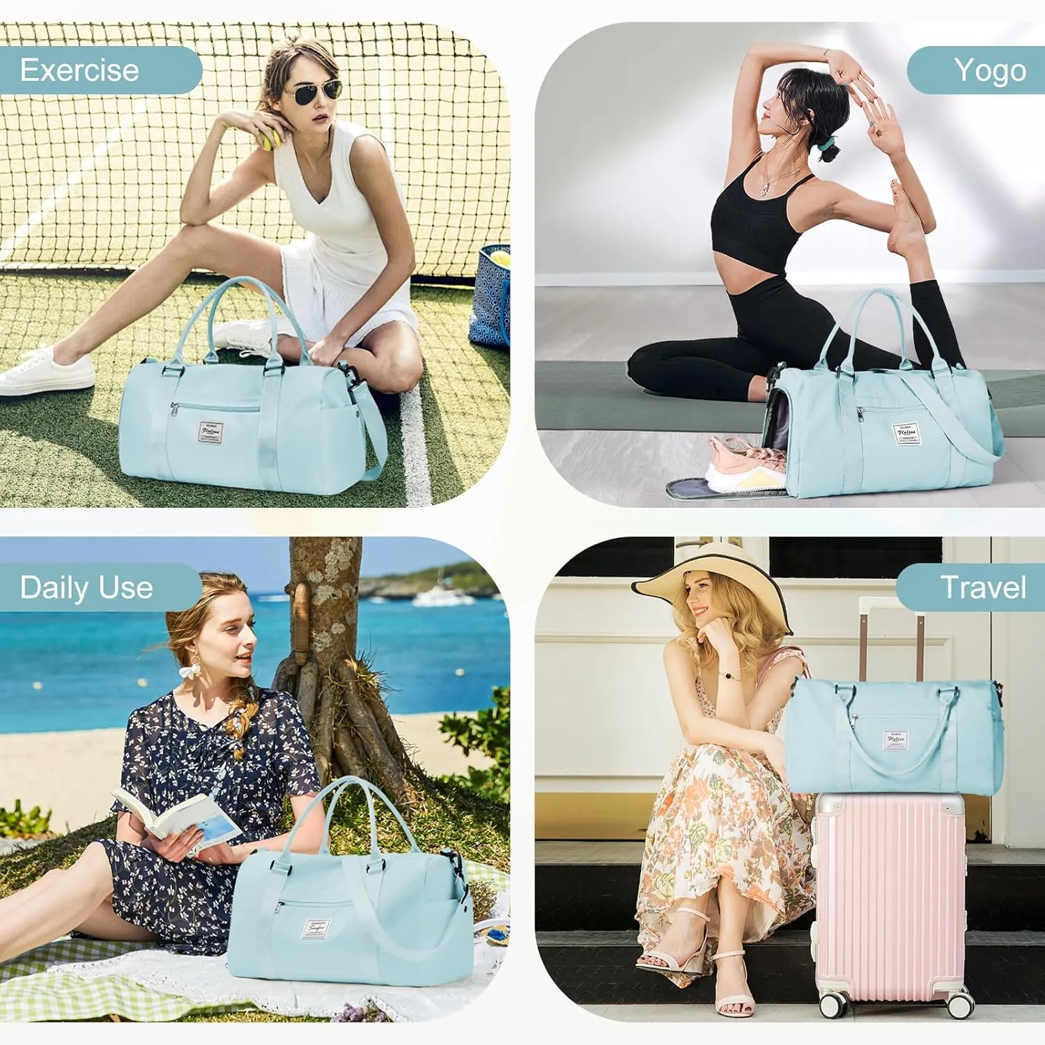 Gym Bag for Women Men with Shoes Compartment,Sports Duffle Bag Personal item travel Duffel Bags Tote Bag Small Carry on Weekender Overnight Bag Workout Dance Bag Hospital Holdalls Light Blue