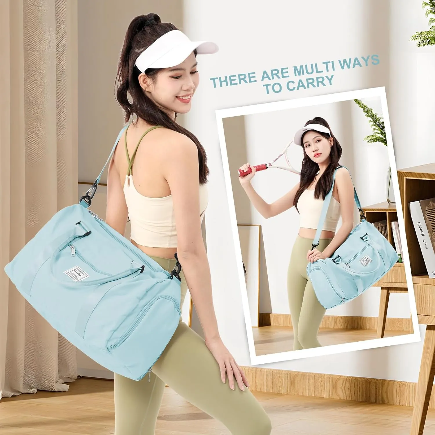 Gym Bag for Women Men with Shoes Compartment,Sports Duffle Bag Personal item travel Duffel Bags Tote Bag Small Carry on Weekender Overnight Bag Workout Dance Bag Hospital Holdalls Light Blue