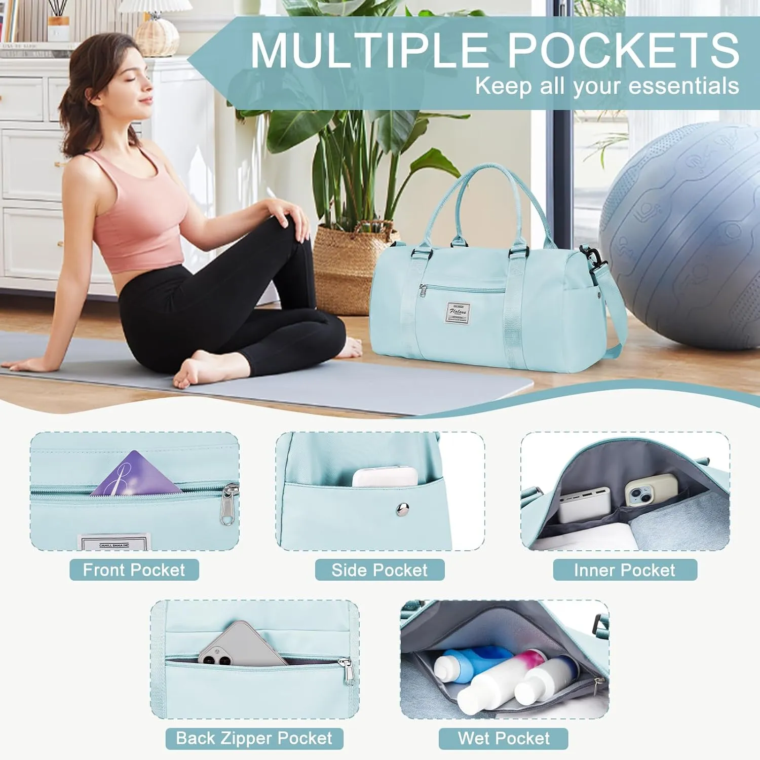 Gym Bag for Women Men with Shoes Compartment,Sports Duffle Bag Personal item travel Duffel Bags Tote Bag Small Carry on Weekender Overnight Bag Workout Dance Bag Hospital Holdalls Light Blue