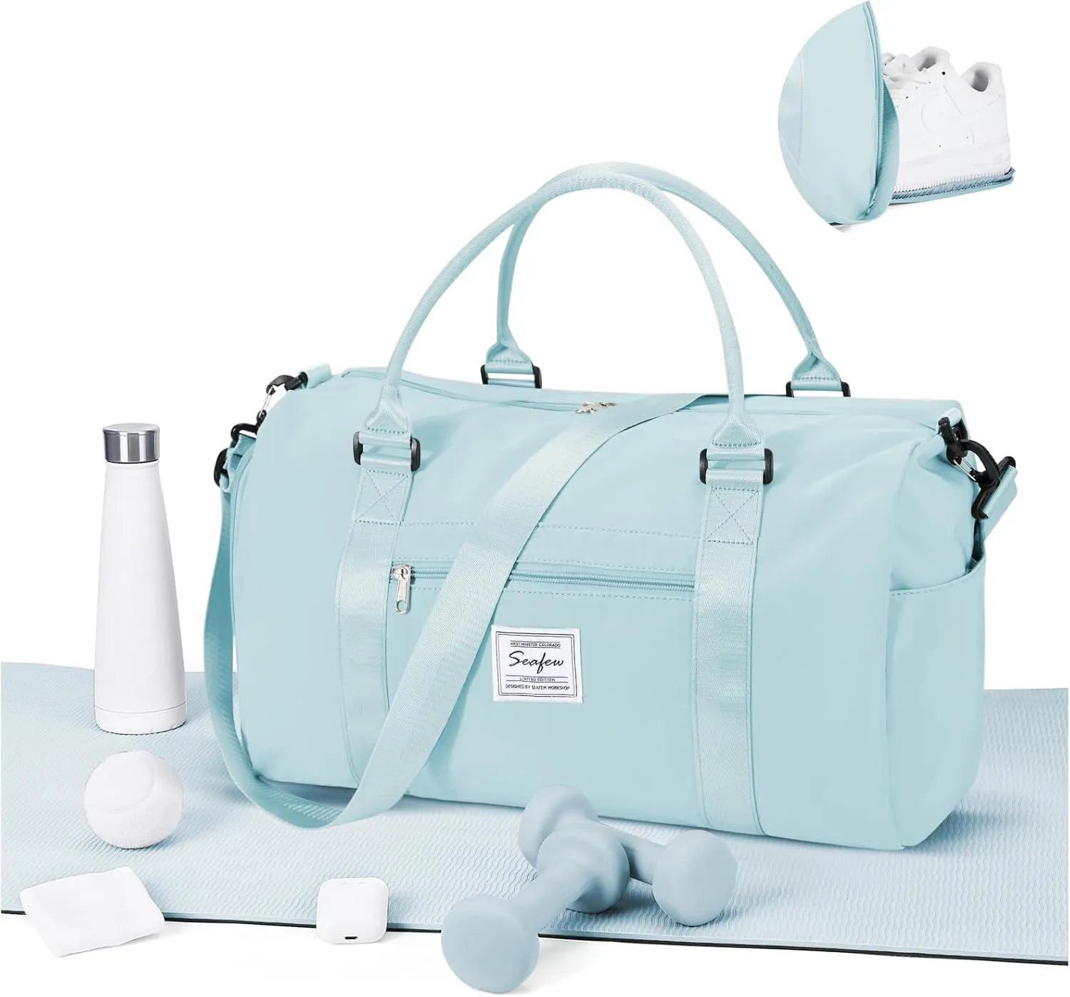 Gym Bag for Women Men with Shoes Compartment,Sports Duffle Bag Personal item travel Duffel Bags Tote Bag Small Carry on Weekender Overnight Bag Workout Dance Bag Hospital Holdalls Light Blue