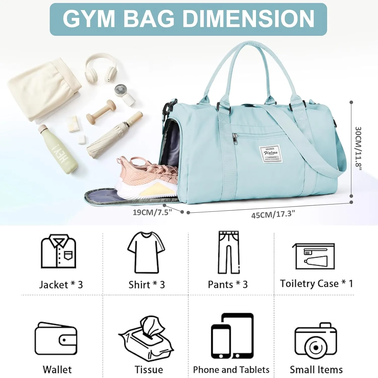 Gym Bag for Women Men with Shoes Compartment,Sports Duffle Bag Personal item travel Duffel Bags Tote Bag Small Carry on Weekender Overnight Bag Workout Dance Bag Hospital Holdalls Light Blue