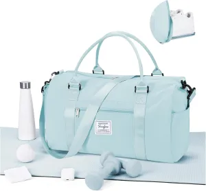 Gym Bag for Women Men with Shoes Compartment,Sports Duffle Bag Personal item travel Duffel Bags Tote Bag Small Carry on Weekender Overnight Bag Workout Dance Bag Hospital Holdalls Light Blue