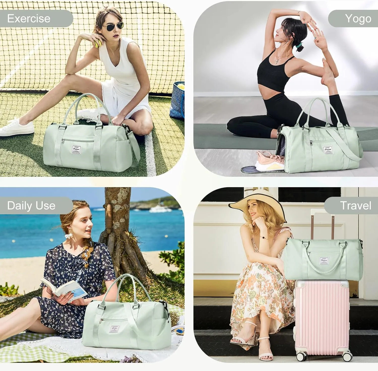 Gym Bag for Women Men with Shoes Compartment,Sports Duffle Bag Personal item travel Duffel Bags Tote Bag Small Carry on Weekender Overnight Bag Workout Dance Bag Hospital Holdalls Mint Green